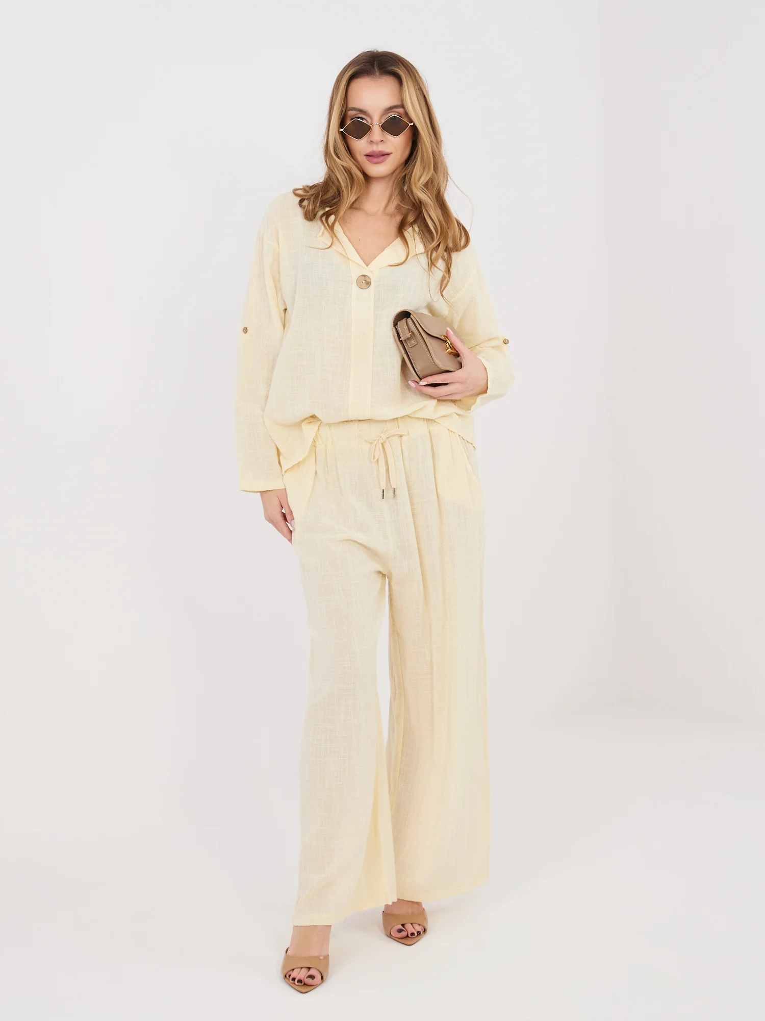 Pantaloni Dama Larga, Guler inalt, ITALY MODA, Galben - imagine 3