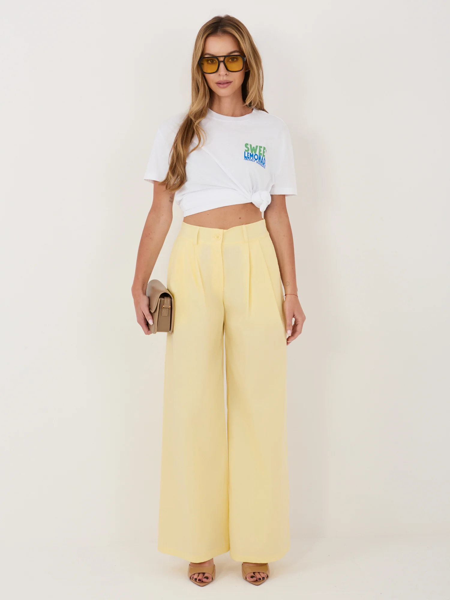 Pantaloni Dama Lunga, Larga, RUE PARIS, Galben Eleganta Office - imagine 3