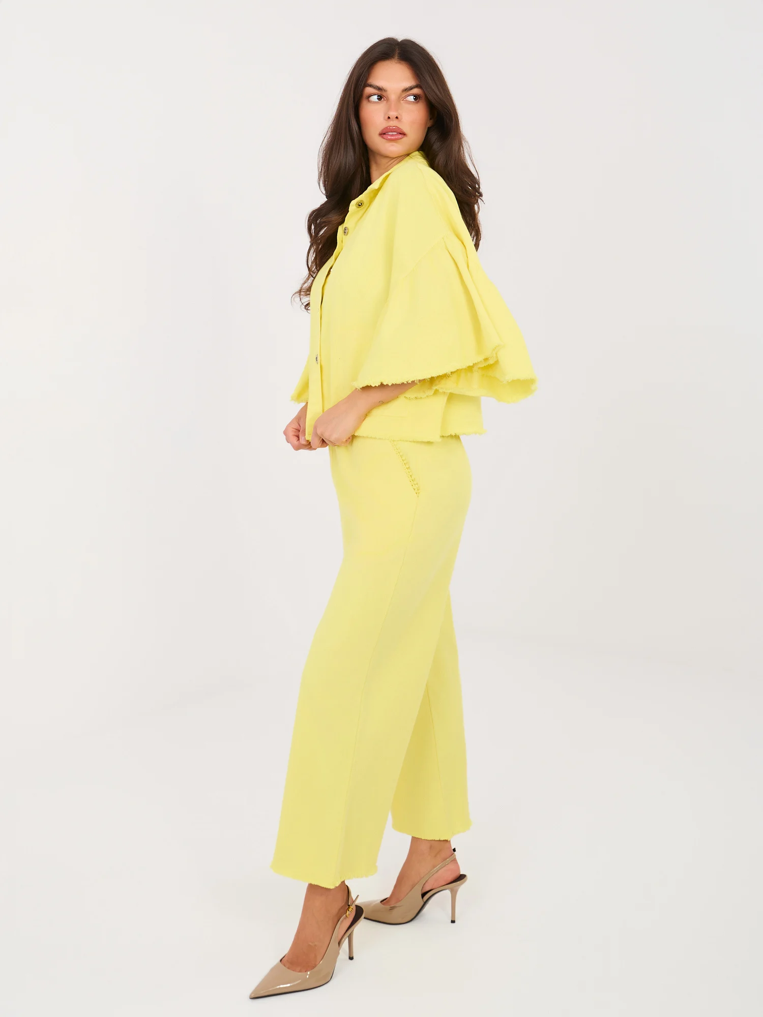 Pantaloni Dama Larga, Guler inalt, ITALY MODA, Galben Eleganta Office - imagine 5