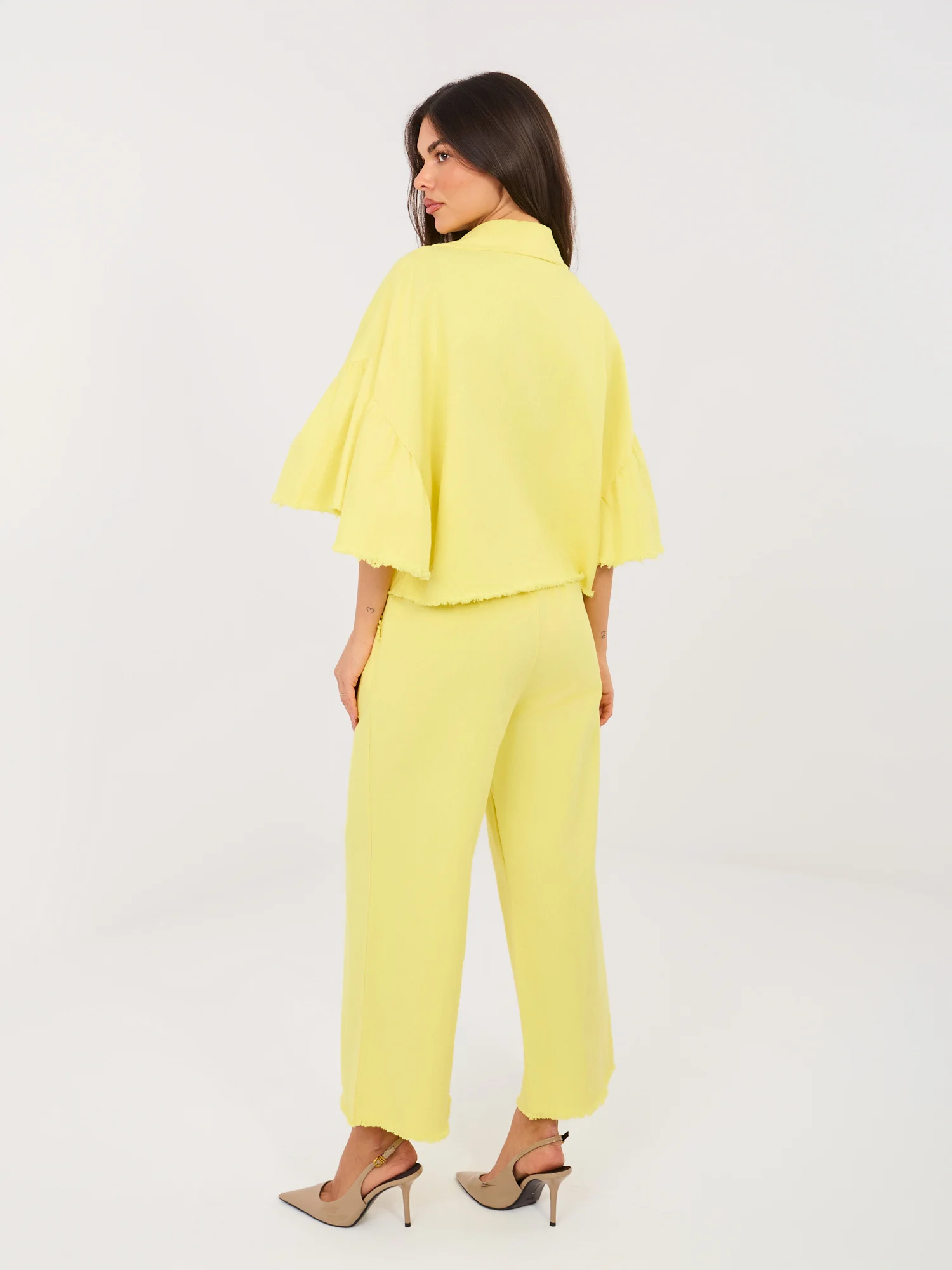 Pantaloni Dama Larga, Guler inalt, ITALY MODA, Galben Eleganta Office - imagine 2