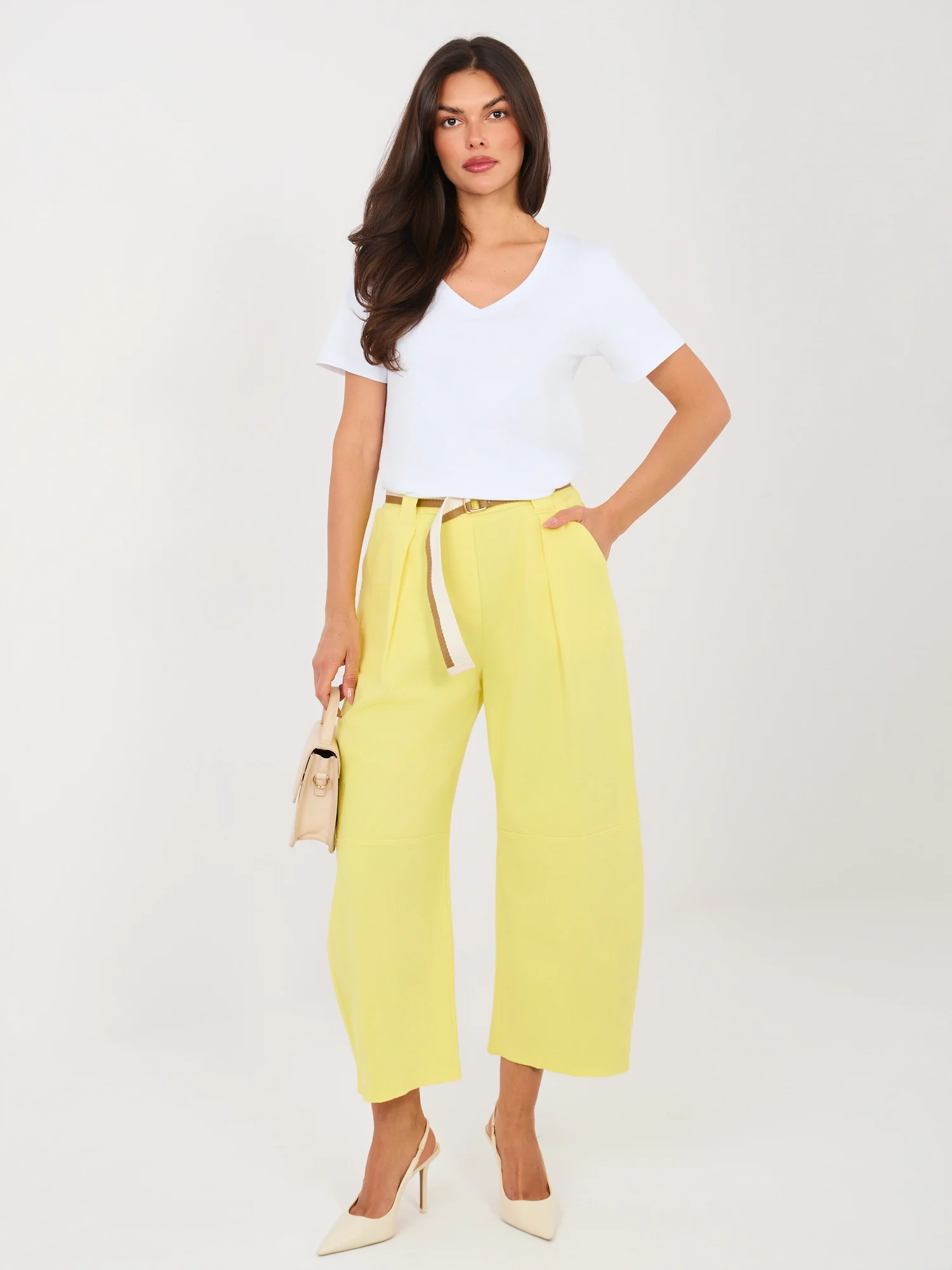 Pantaloni Dama Larga, Guler inalt, RUE PARIS, Galben Eleganta Office - imagine 2