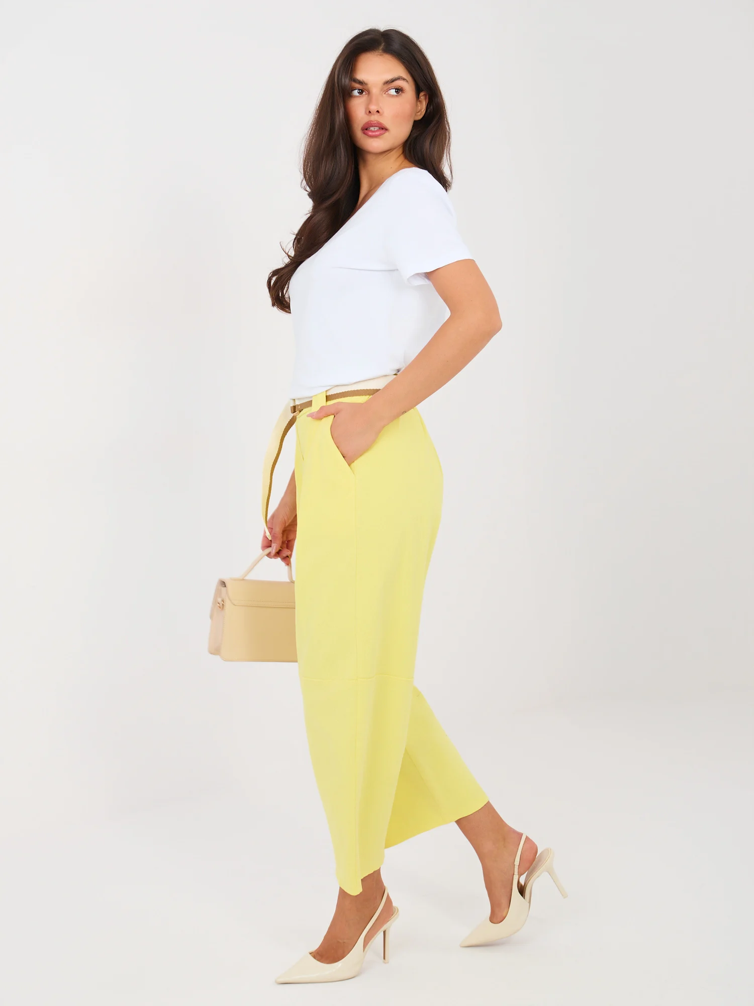 Pantaloni Dama Larga, Guler inalt, RUE PARIS, Galben Eleganta Office - imagine 3