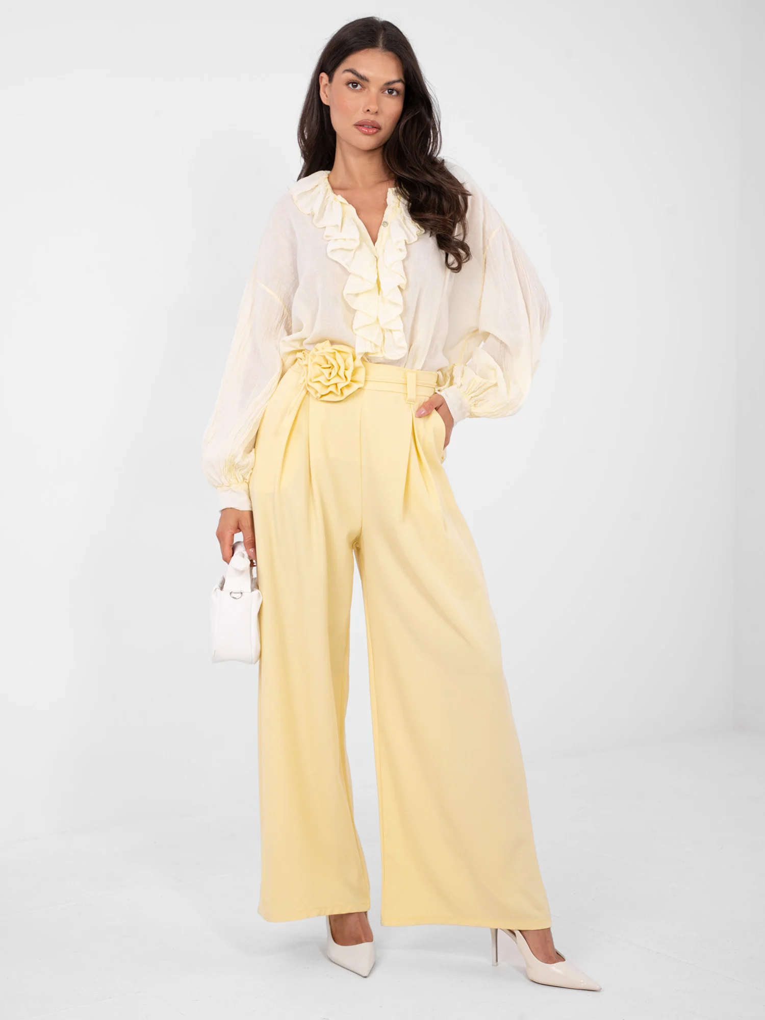 Pantaloni Dama Elegant, Guler inalt, RUE PARIS, Galben Eleganta Office - imagine 4