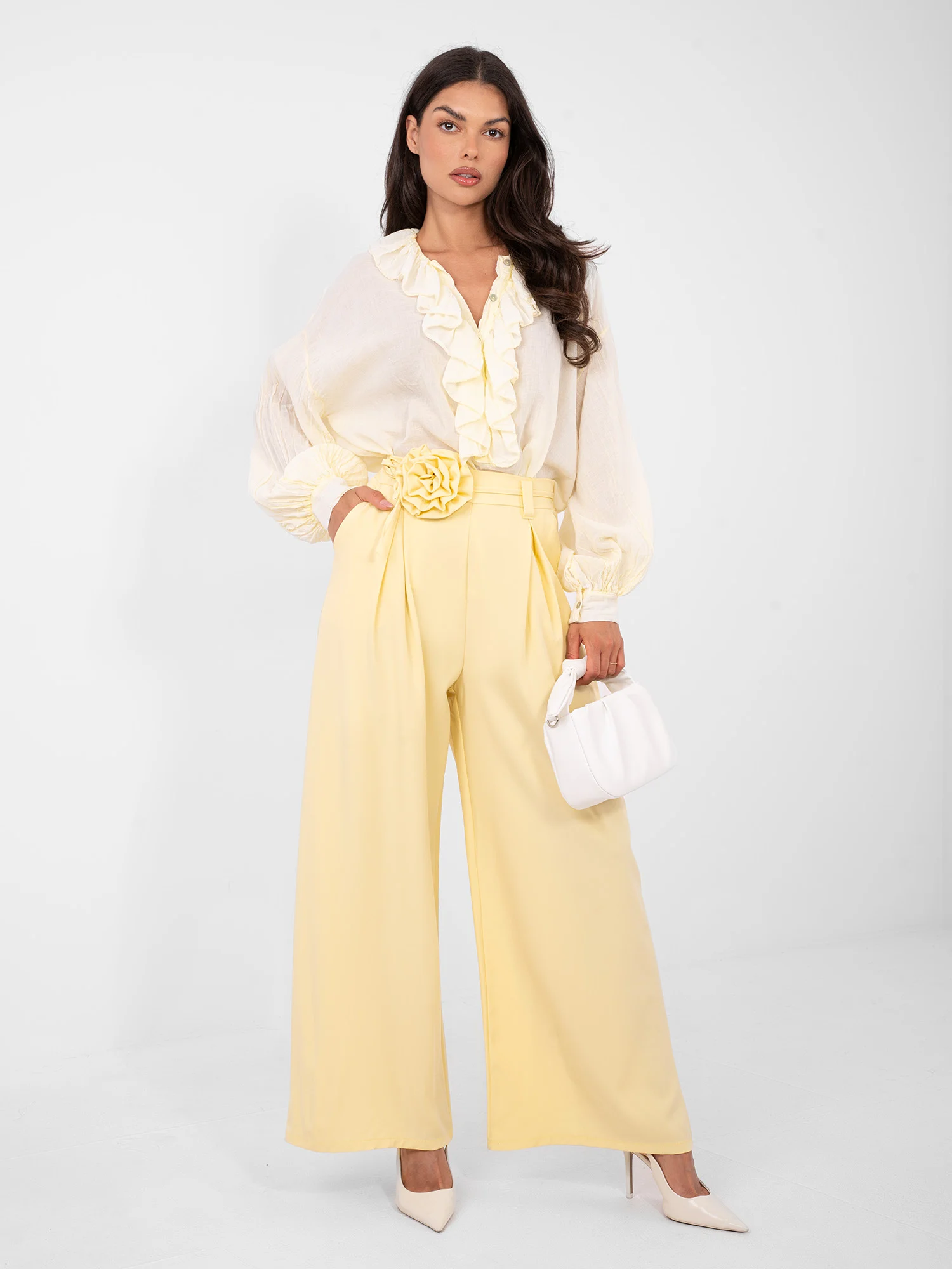 Pantaloni Dama Elegant, Guler inalt, RUE PARIS, Galben Eleganta Office - imagine 6