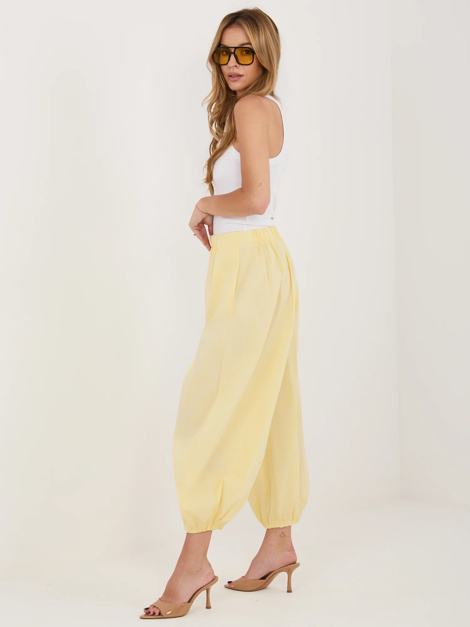 Pantaloni Dama 7/8, Mansete elastice, RUE PARIS, Galben Casual - imagine 5