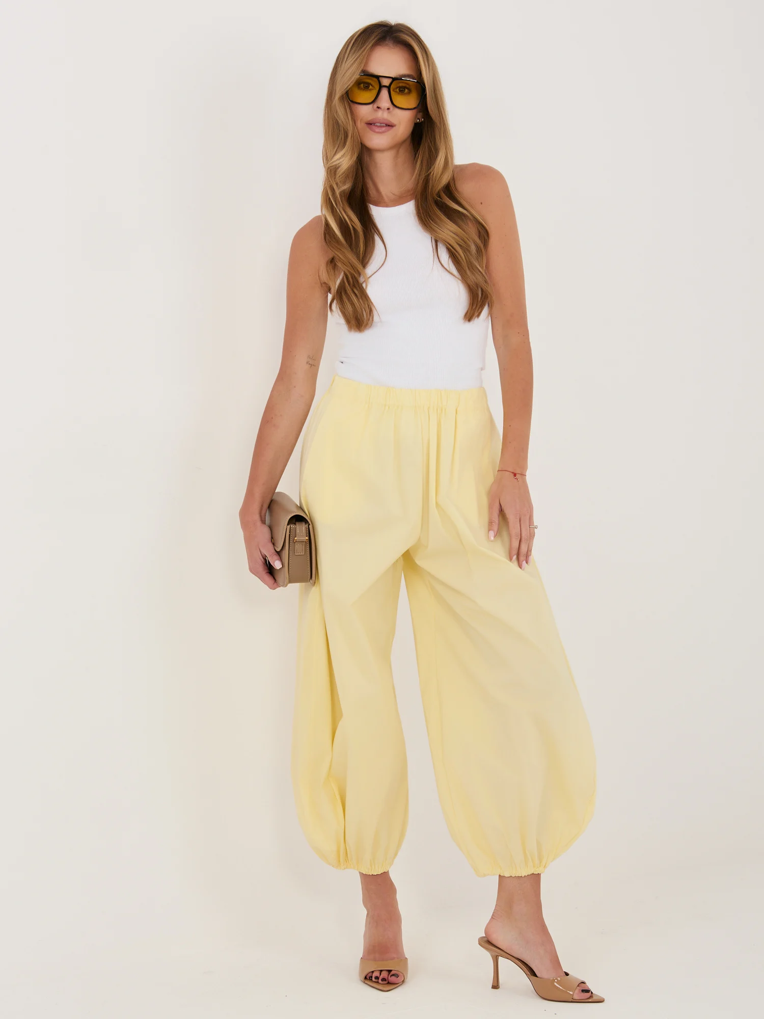 Pantaloni Dama 7/8, Mansete elastice, RUE PARIS, Galben Casual - imagine 6