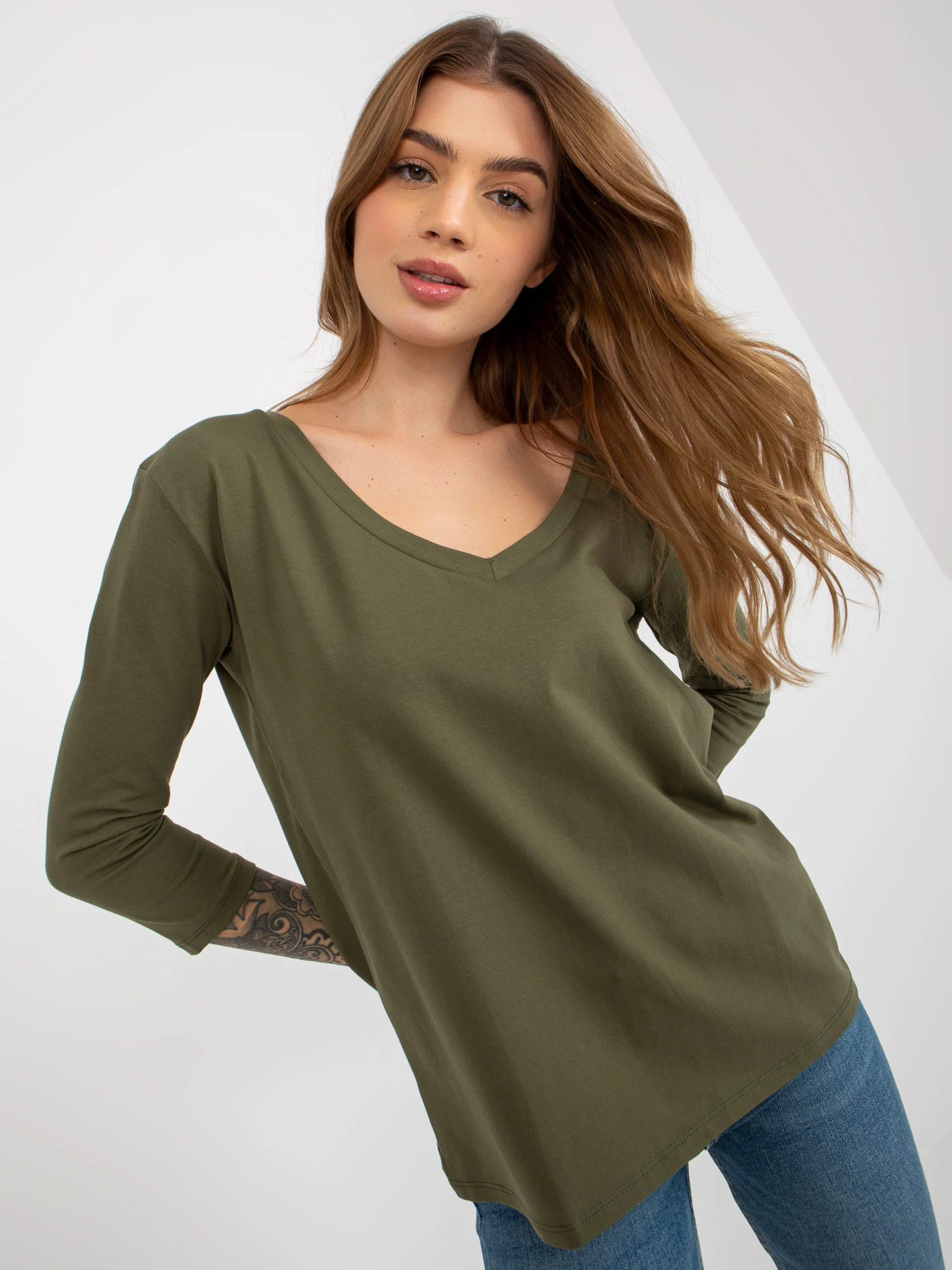 Bluza Dama Maneca 3/4, Decolteu in V, ex moda, Khaki Eleganta Office - imagine 3