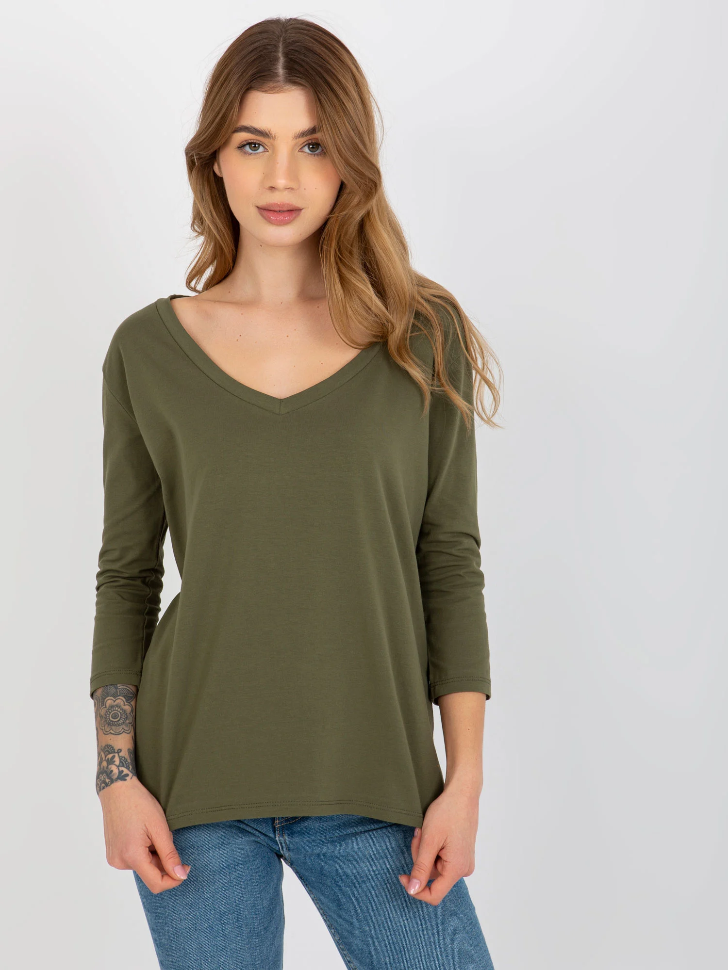Bluza Dama Maneca 3/4, Decolteu in V, ex moda, Khaki Eleganta Office - imagine 6