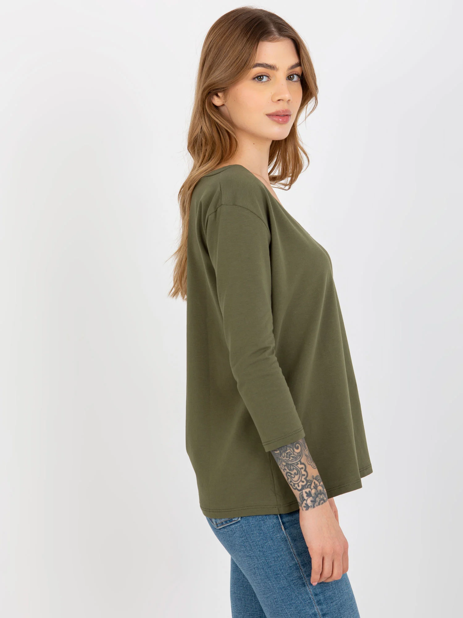 Bluza Dama Maneca 3/4, Decolteu in V, ex moda, Khaki Eleganta Office - imagine 5