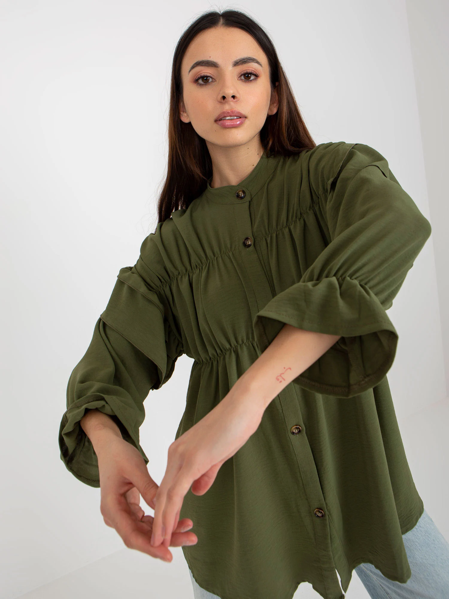 Camasa Dama Maneca lunga, Boho, Och Bella, Khaki Eleganta Office - imagine 4