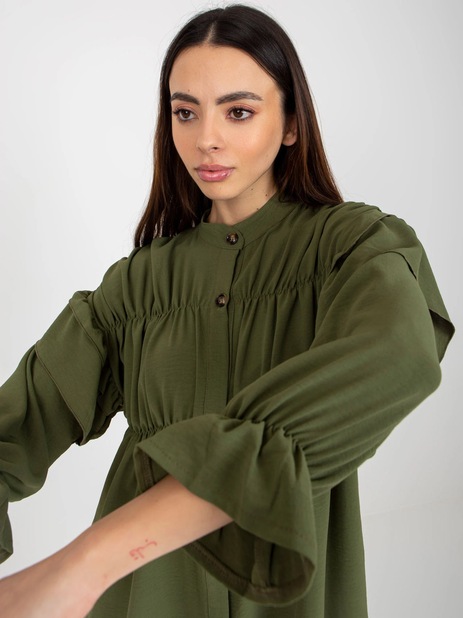Camasa Dama Maneca lunga, Boho, Och Bella, Khaki Eleganta Office - imagine 2