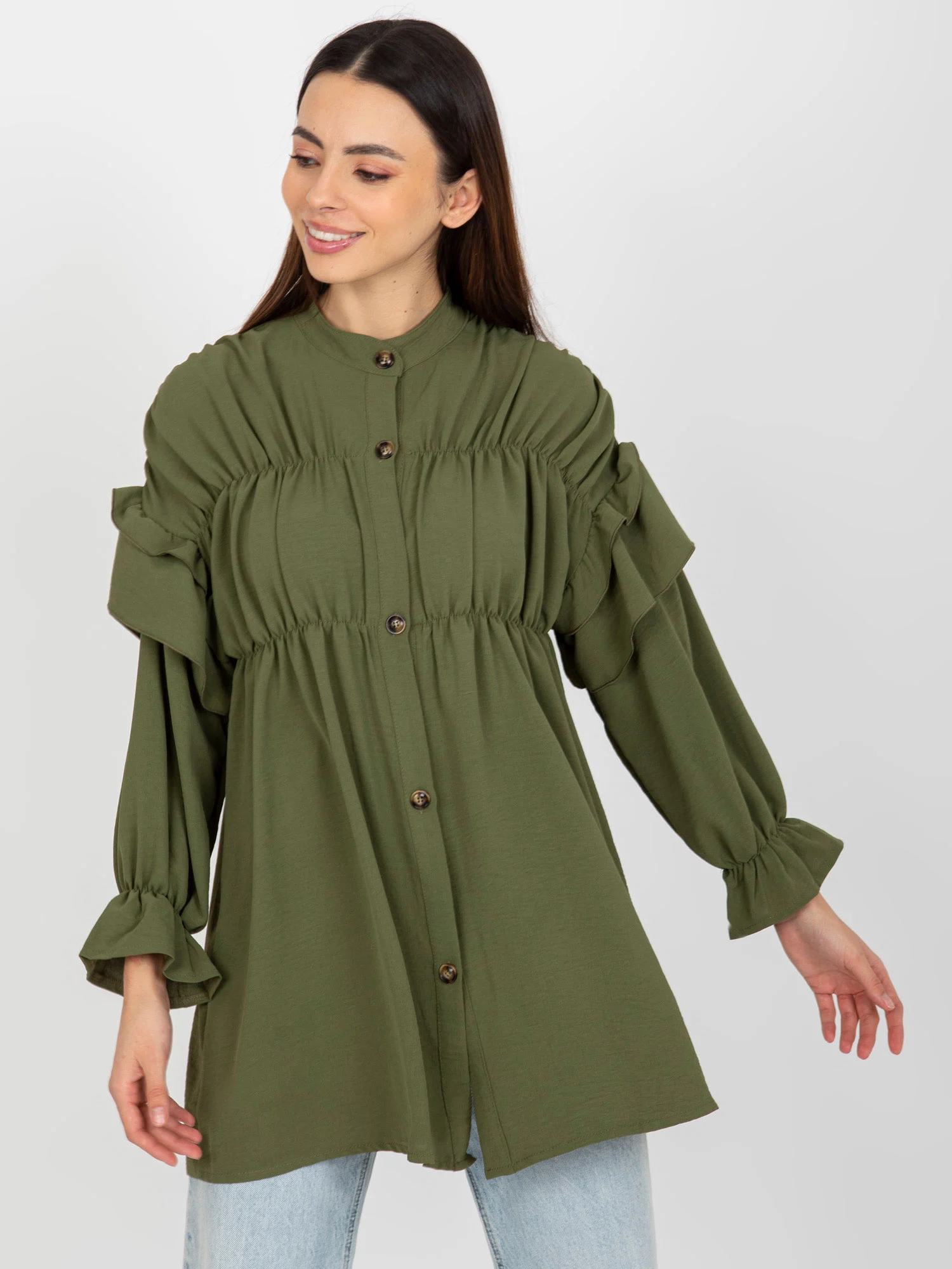 Camasa Dama Maneca lunga, Boho, Och Bella, Khaki Eleganta Office - imagine 3