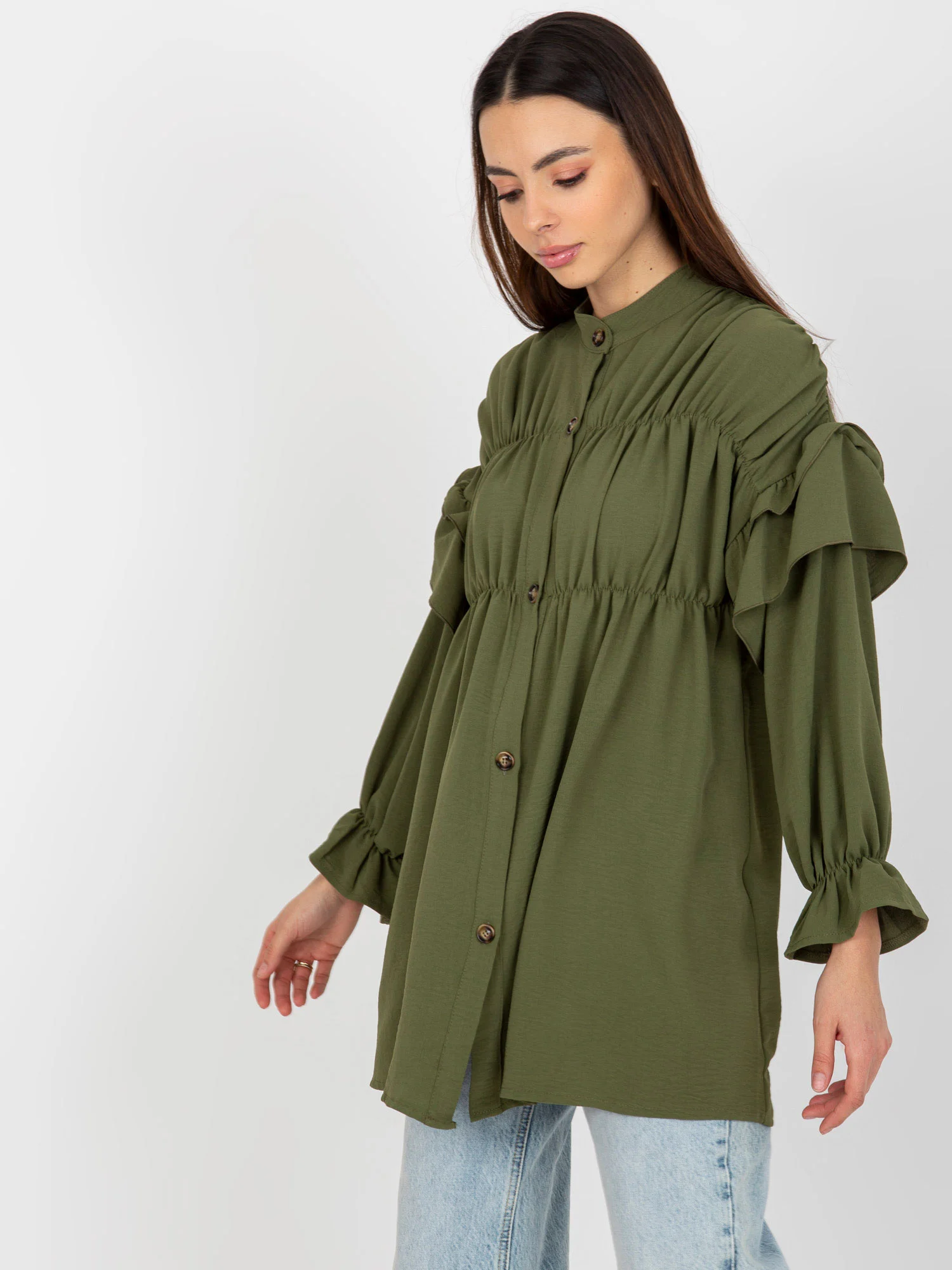 Camasa Dama Maneca lunga, Boho, Och Bella, Khaki Eleganta Office - imagine 6