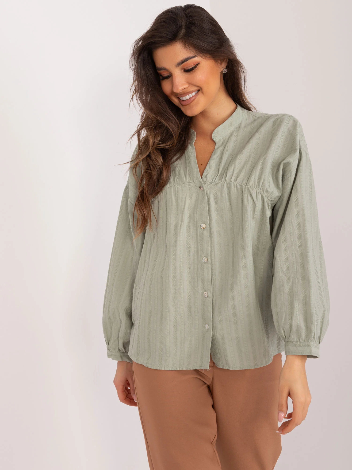 Camasa Dama Maneca lunga, Decolteu in V, BY POMMES LIFE, Khaki Eleganta Office - imagine 4