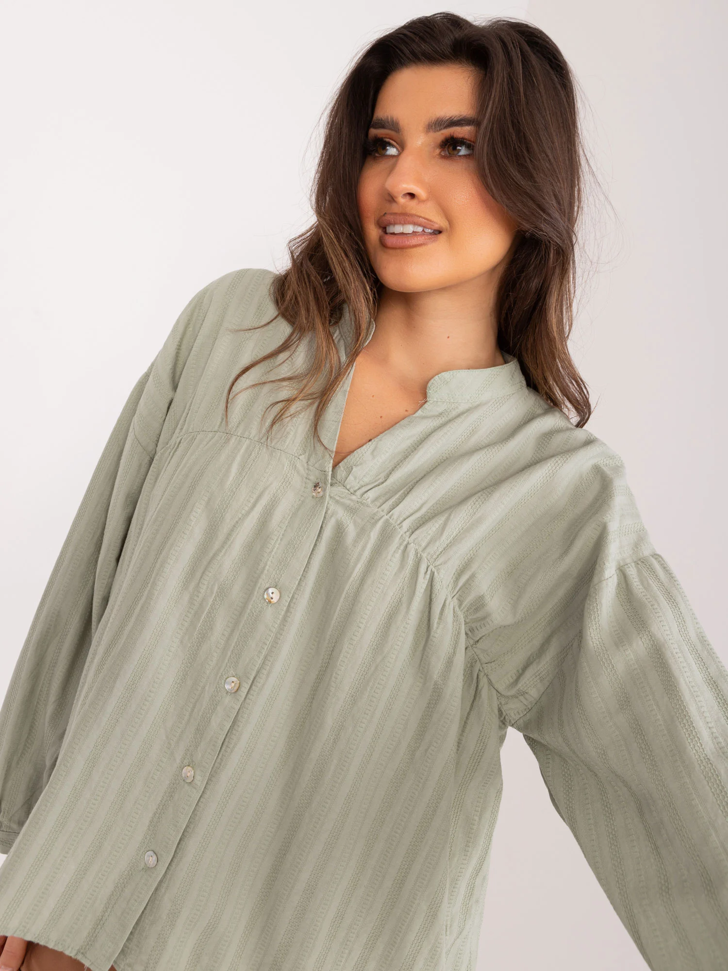 Camasa Dama Maneca lunga, Decolteu in V, BY POMMES LIFE, Khaki Eleganta Office - imagine 5