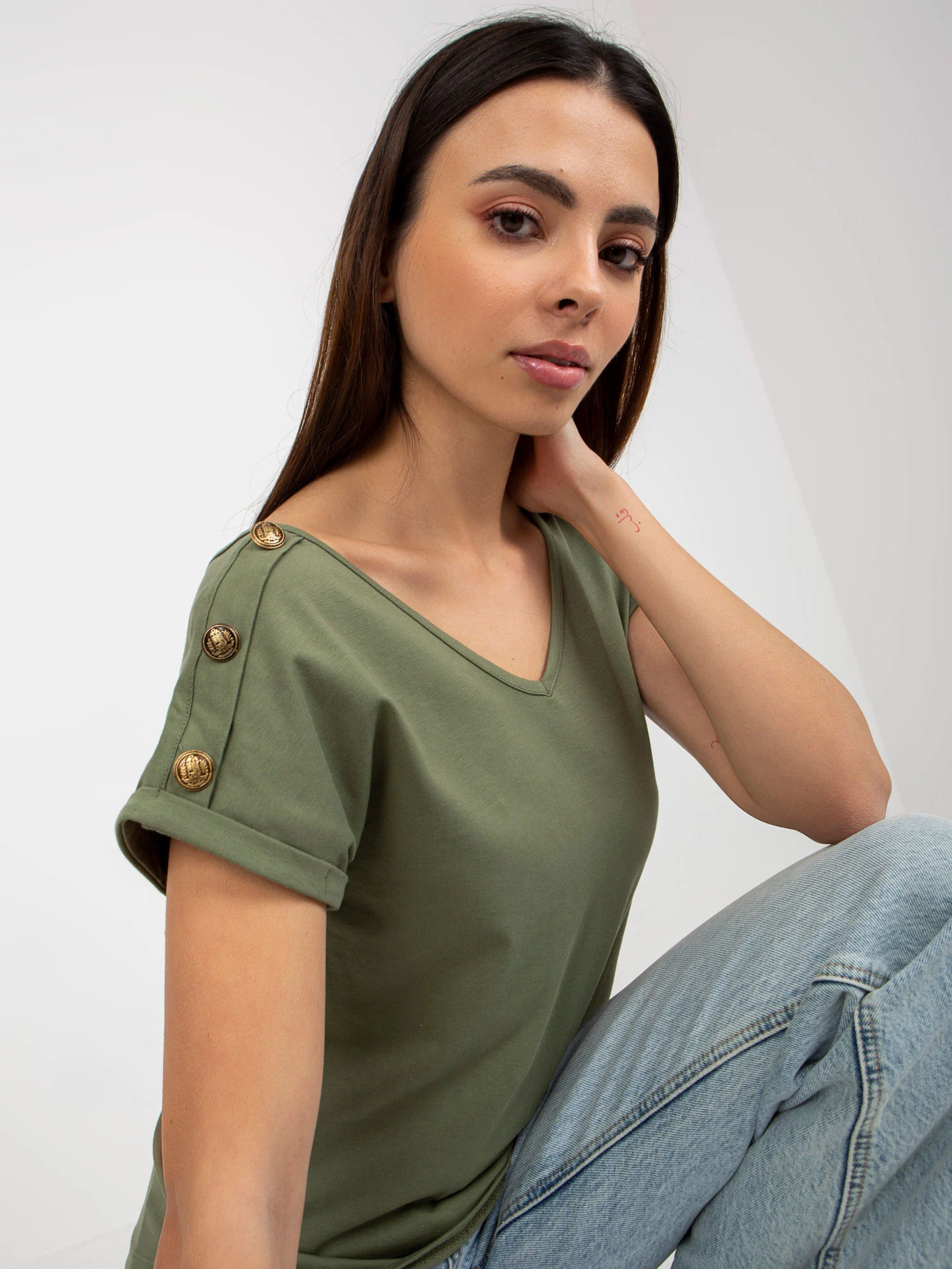 Bluza Dama Mini, Decolteu in V, Och Bella, Khaki Casual - imagine 3