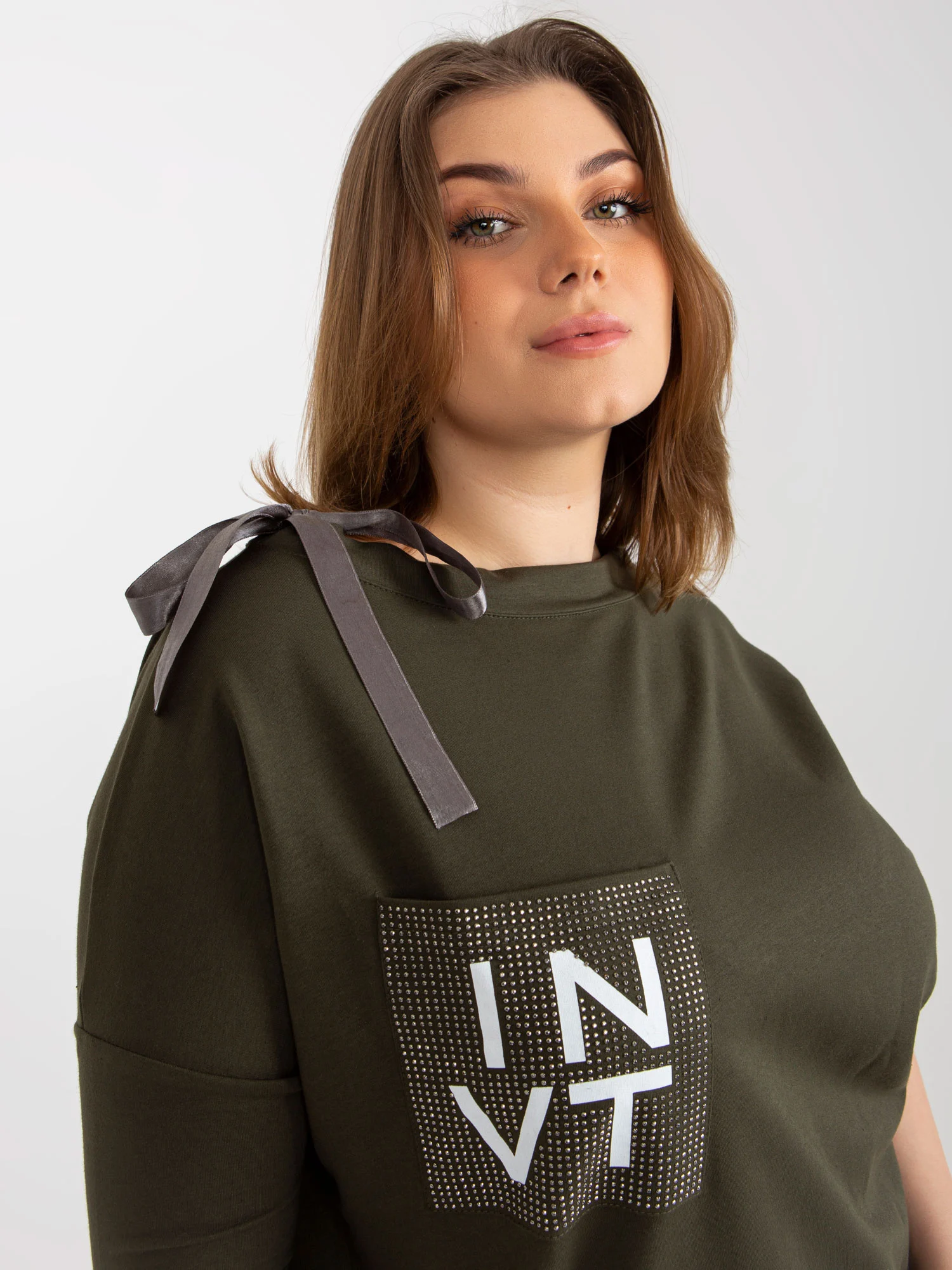 Bluza Dama Maneca 3/4, Decolteu rotund, Lily Rose, Khaki Eleganta Office - imagine 4