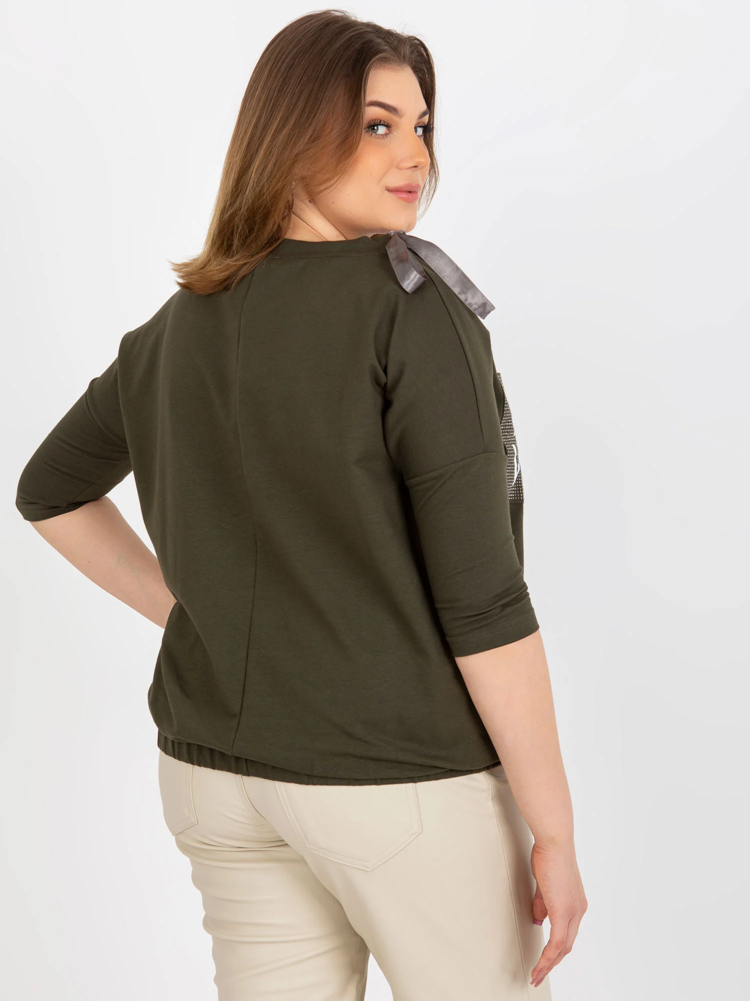 Bluza Dama Maneca 3/4, Decolteu rotund, Lily Rose, Khaki Eleganta Office - imagine 2