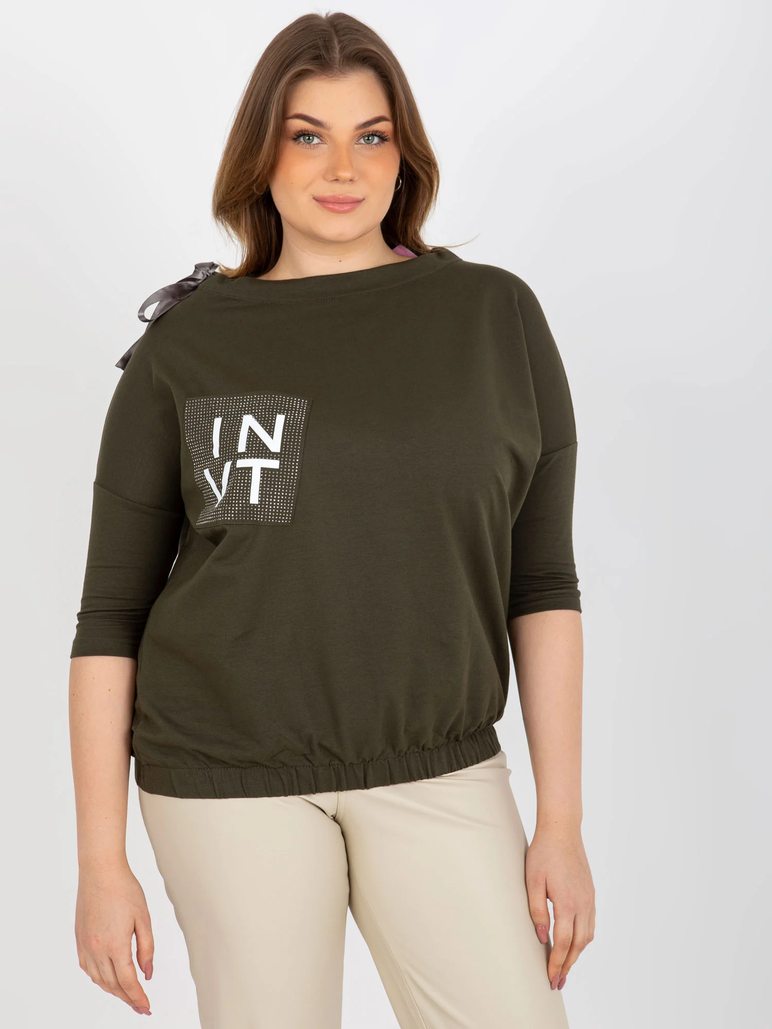 Bluza Dama Maneca 3/4, Decolteu rotund, Lily Rose, Khaki Eleganta Office - imagine 3