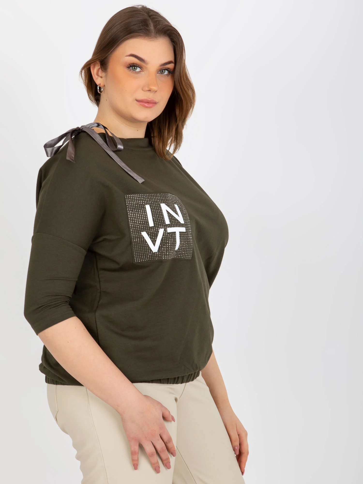 Bluza Dama Maneca 3/4, Decolteu rotund, Lily Rose, Khaki Eleganta Office - imagine 5