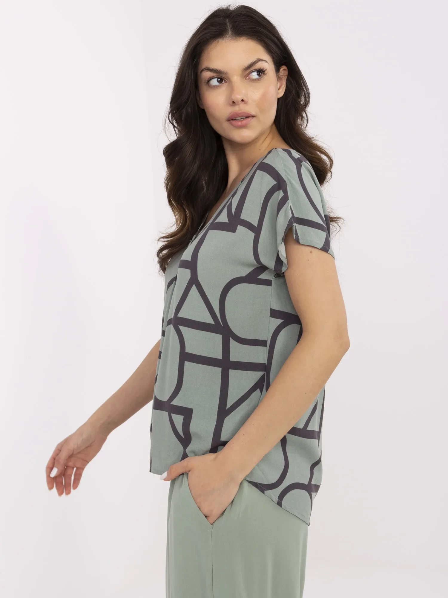 Bluza Dama Mini, Decolteu in V, Sublevel, Khaki Casual Marimi Mari - imagine 5