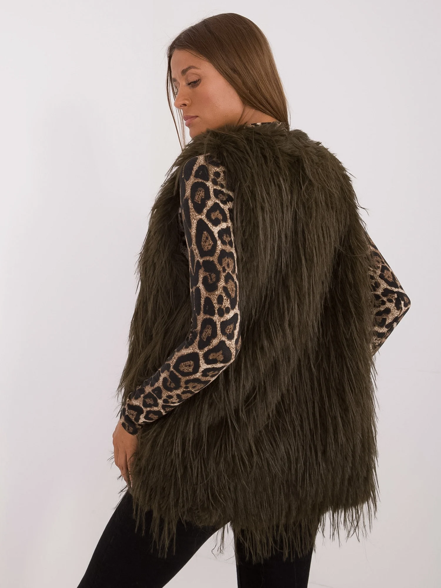 Vesta Dama Fara maneci, Guler inalt, Wool Fashion Italia, Khaki de Vara - imagine 2