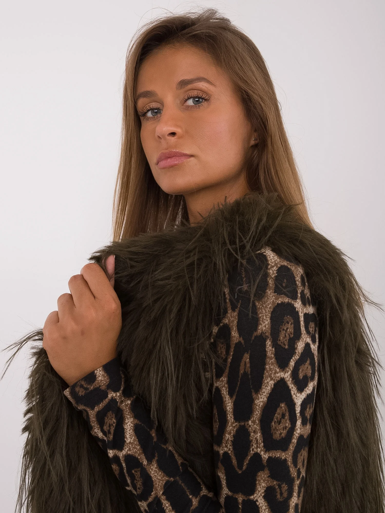 Vesta Dama Fara maneci, Guler inalt, Wool Fashion Italia, Khaki de Vara - imagine 4
