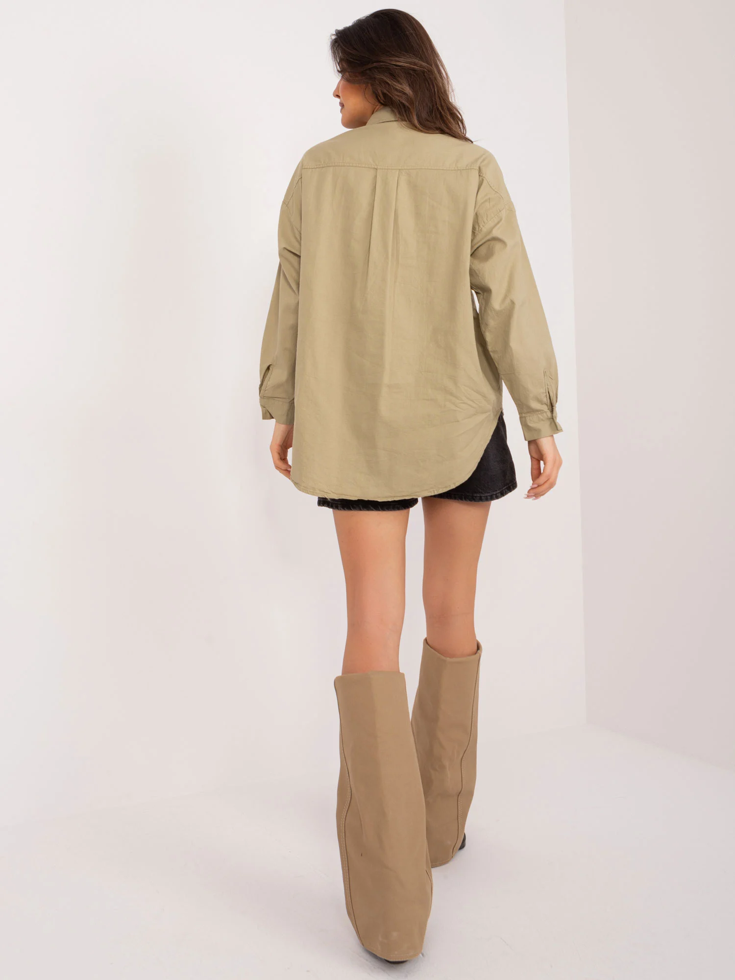 Camasa Dama Maneca lunga, Guler inalt, BY POMMES LIFE, Khaki Eleganta Office - imagine 5