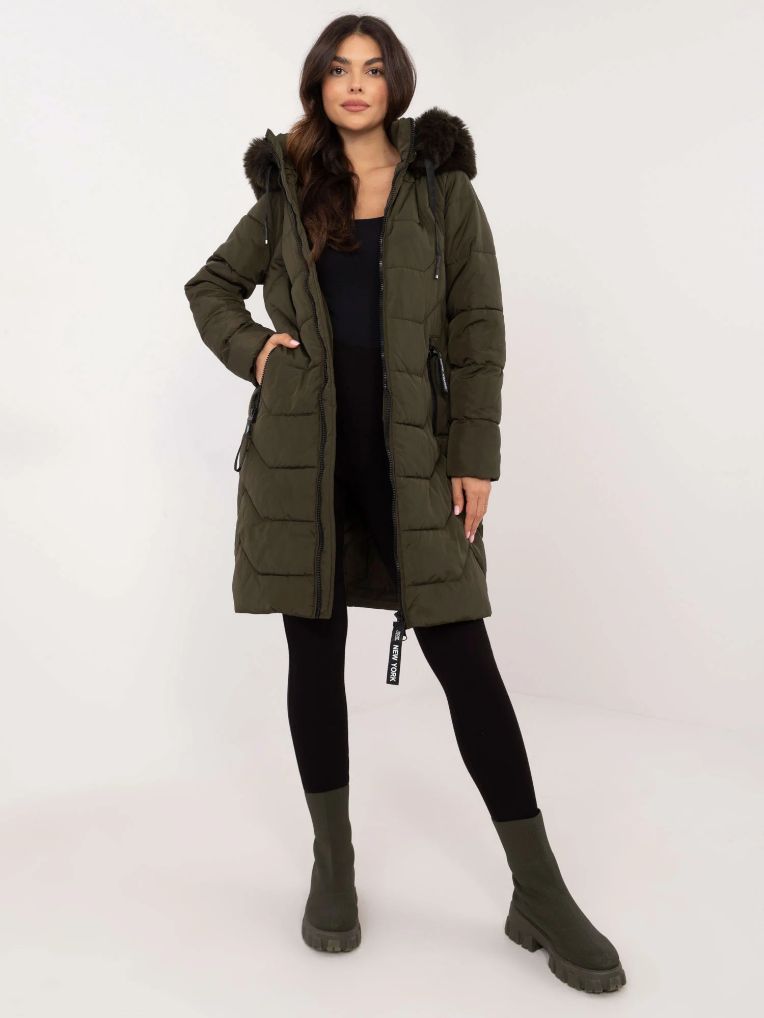 Jacheta Dama Maneca lunga, Guler inalt, Khaki Casual Marimi Mari - imagine 3