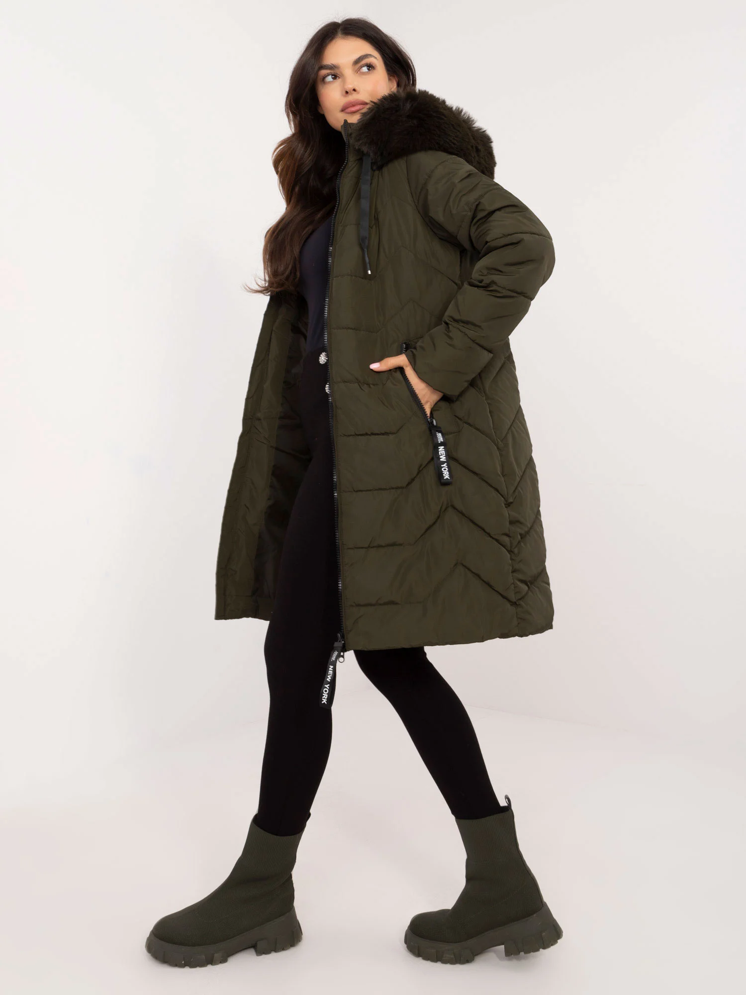 Jacheta Dama Maneca lunga, Guler inalt, Khaki Casual Marimi Mari - imagine 4