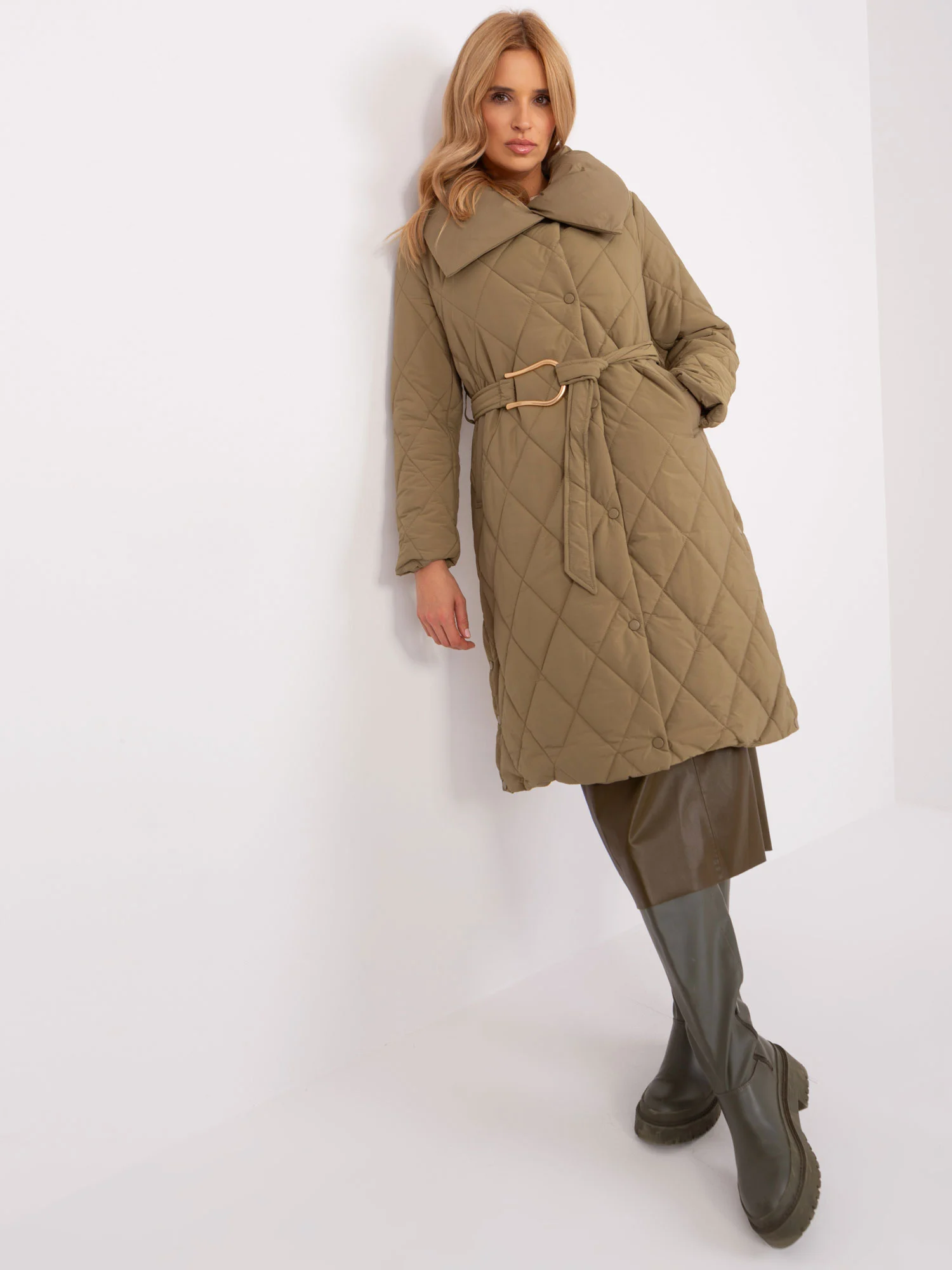 Jacheta Dama Maneca lunga, Guler inalt, Trendy. ING, Khaki Casual - imagine 2