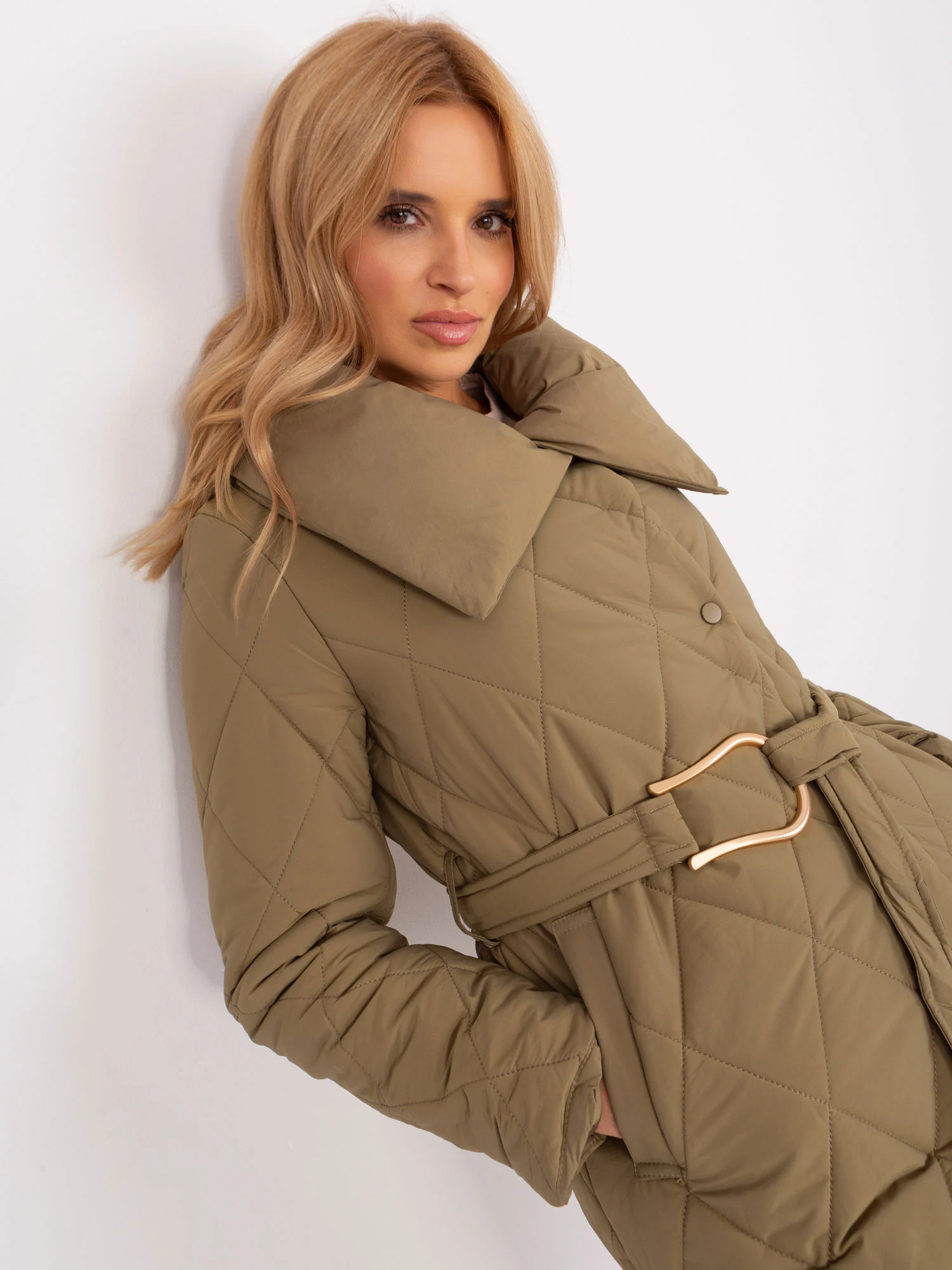 Jacheta Dama Maneca lunga, Guler inalt, Trendy. ING, Khaki Casual - imagine 4
