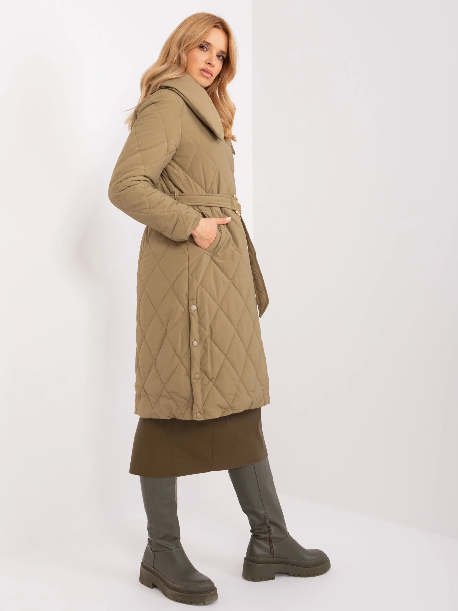 Jacheta Dama Maneca lunga, Guler inalt, Trendy. ING, Khaki Casual - imagine 6