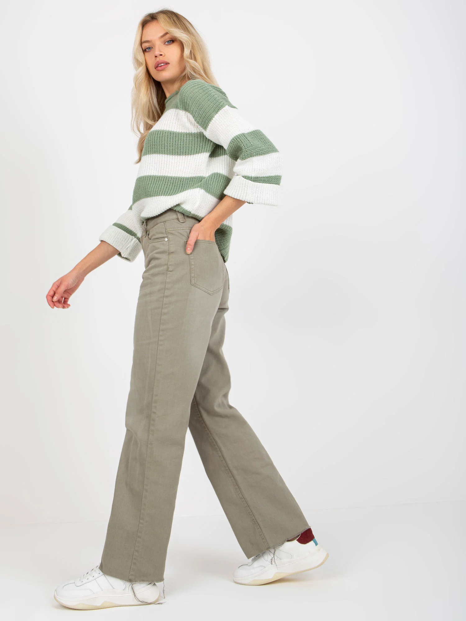Pantaloni Dama Larga, Guler inalt, Fresh Made, Khaki Eleganta Office - imagine 5