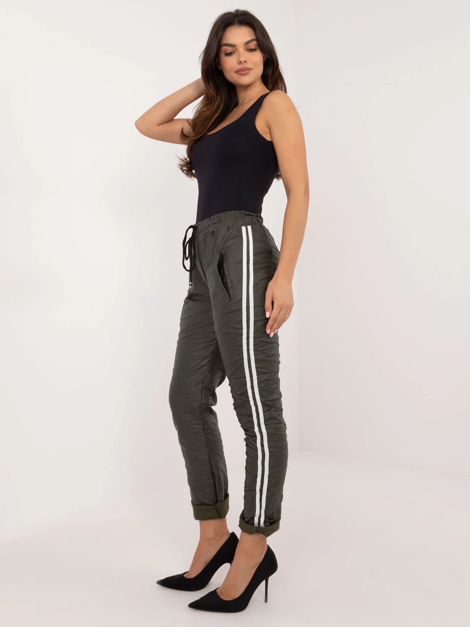 Pantaloni Dama Conica, Guler inalt, ITALY MODA, Khaki Eleganta Office - imagine 4