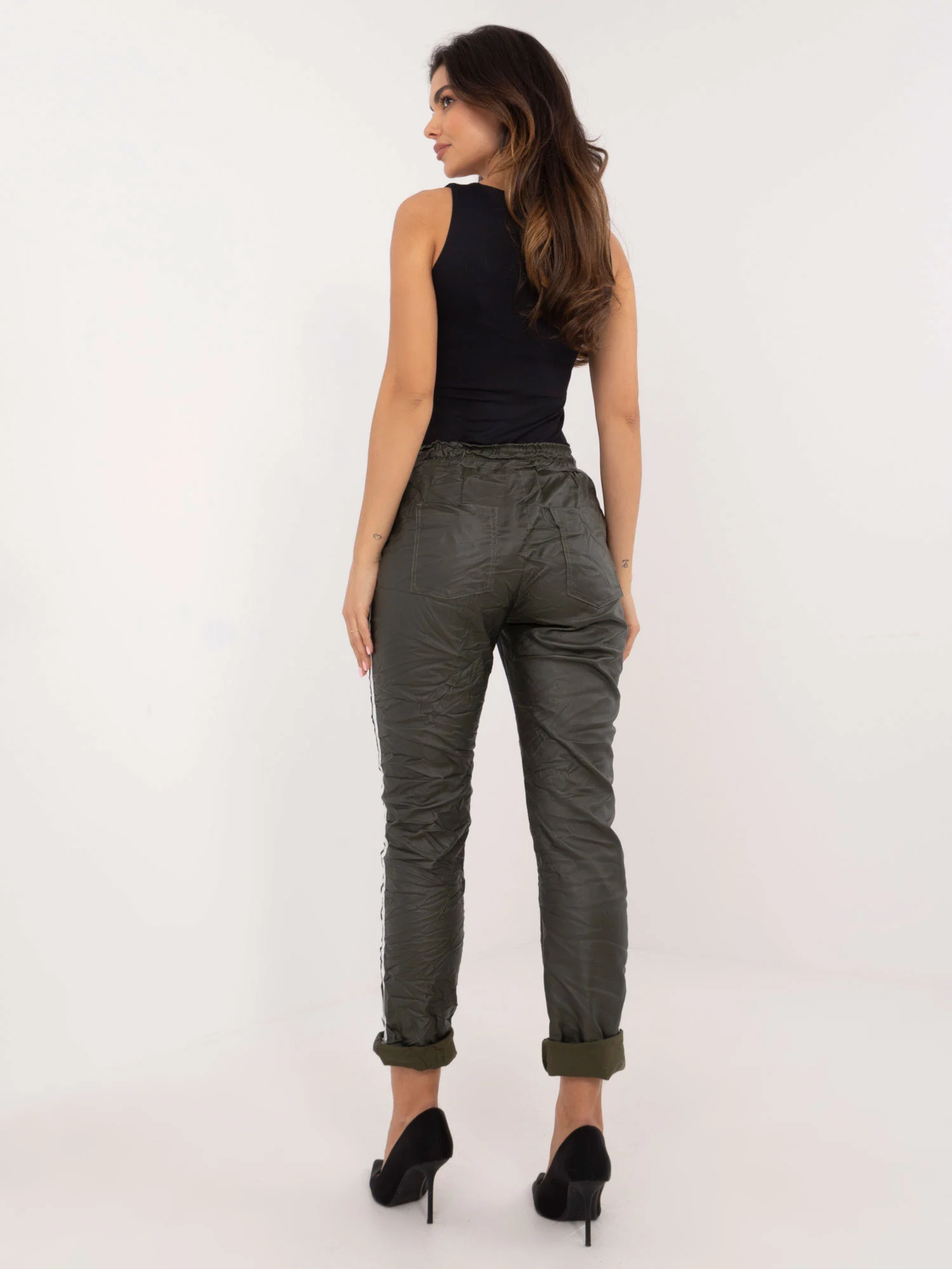 Pantaloni Dama Conica, Guler inalt, ITALY MODA, Khaki Eleganta Office - imagine 3