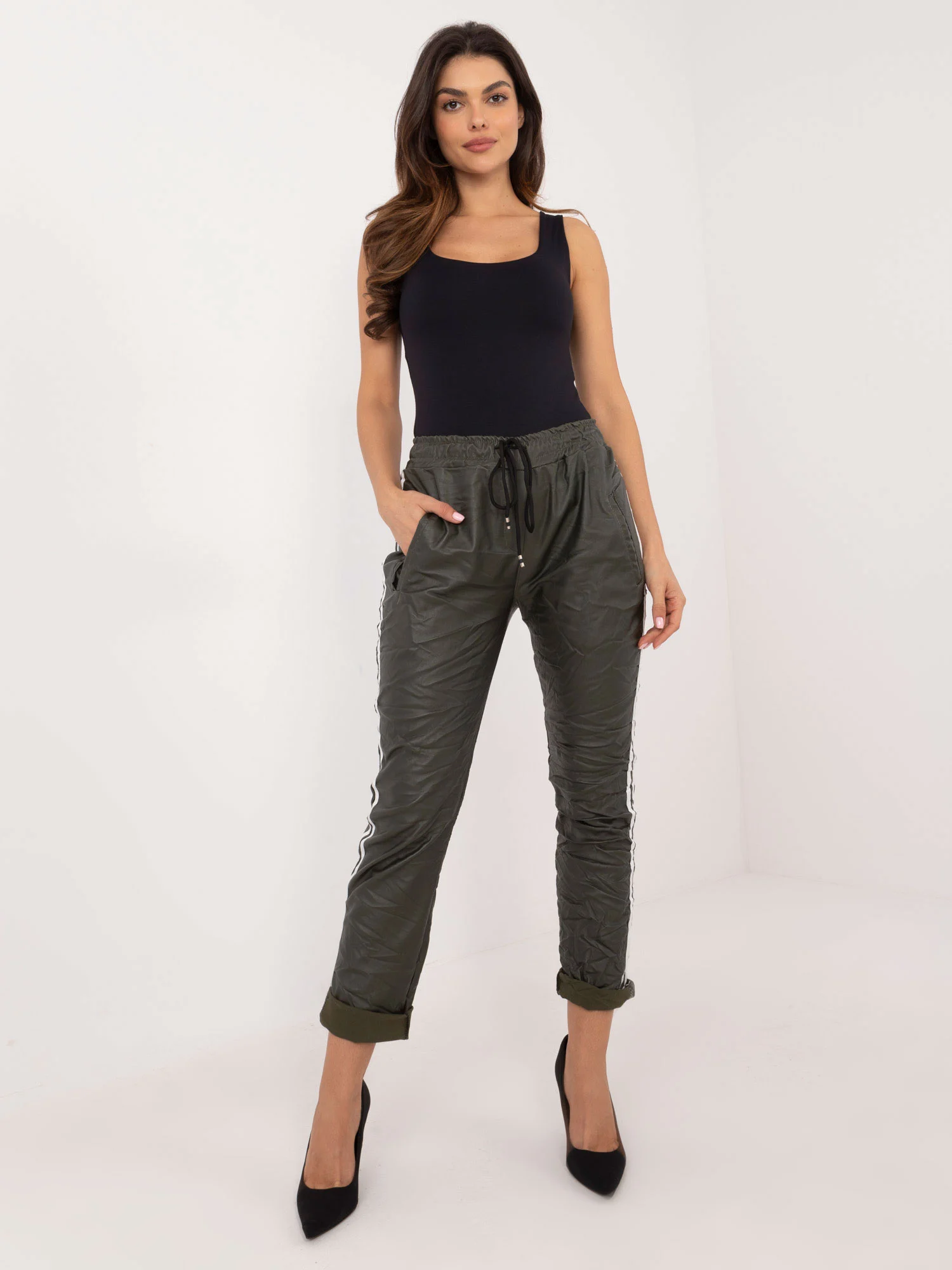 Pantaloni Dama Conica, Guler inalt, ITALY MODA, Khaki Eleganta Office - imagine 5