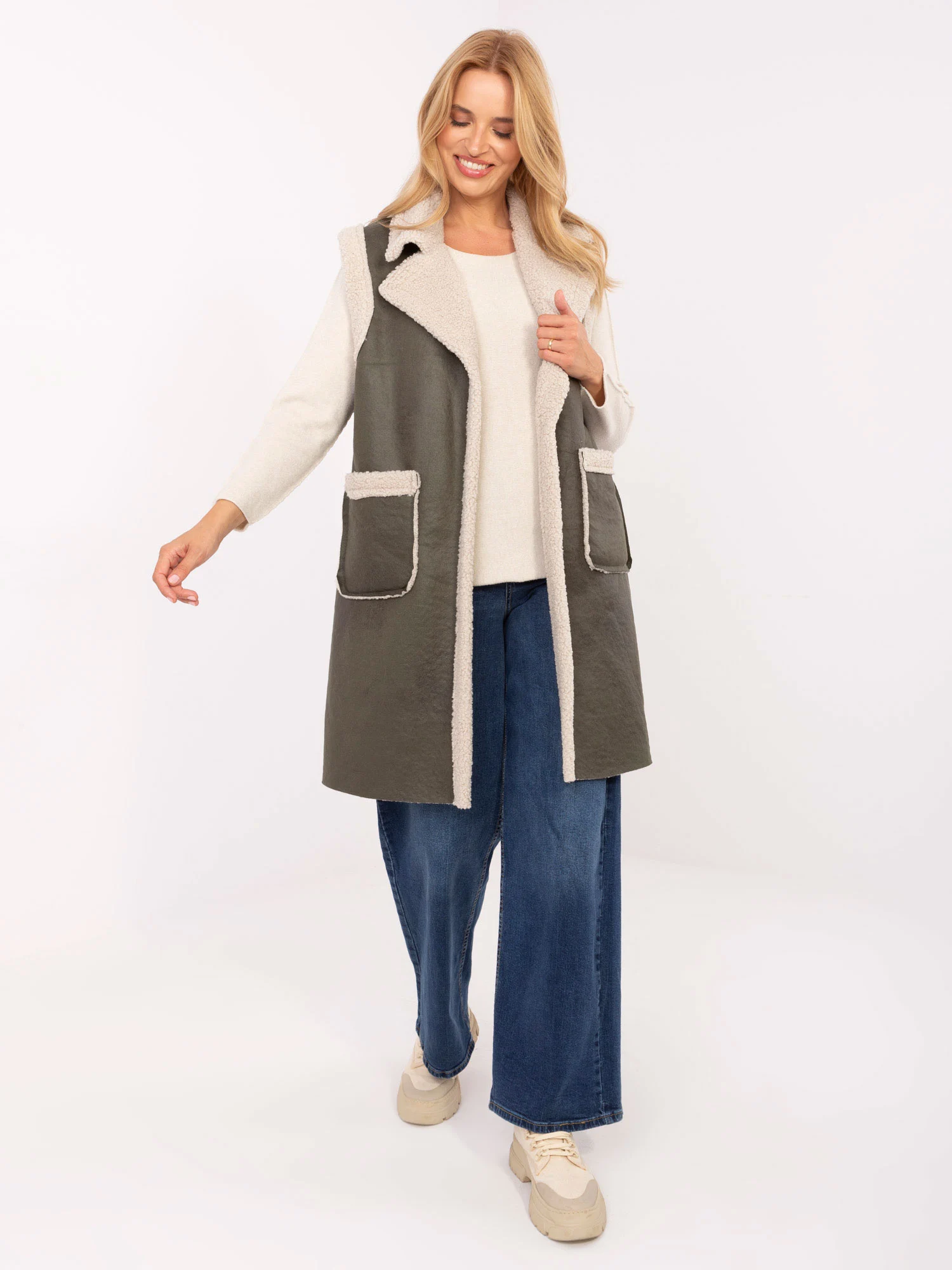 Vesta Dama Fara maneci, Guler inalt, Maya, Khaki Casual - Image 5