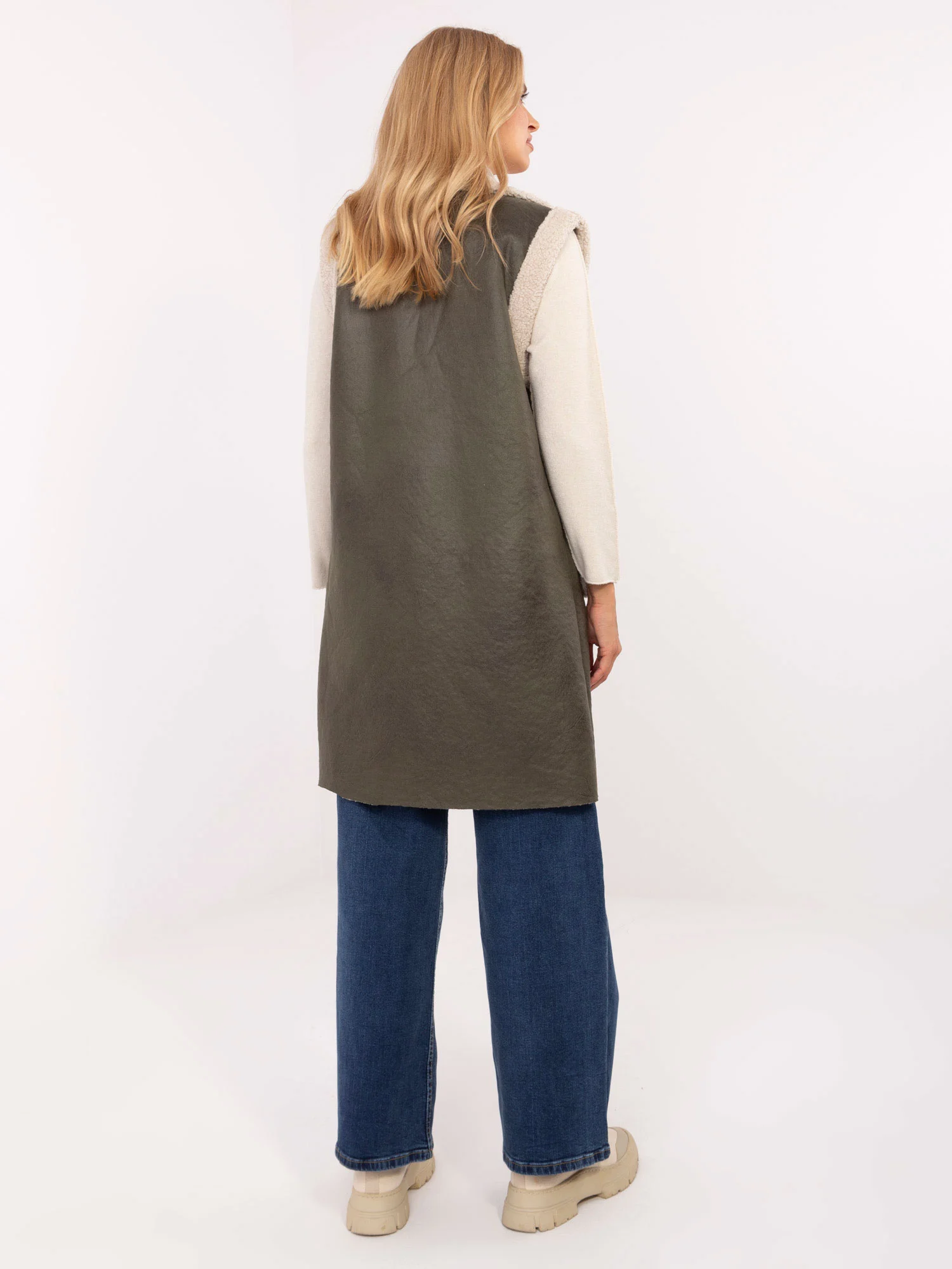 Vesta Dama Fara maneci, Guler inalt, Maya, Khaki Casual - Image 4