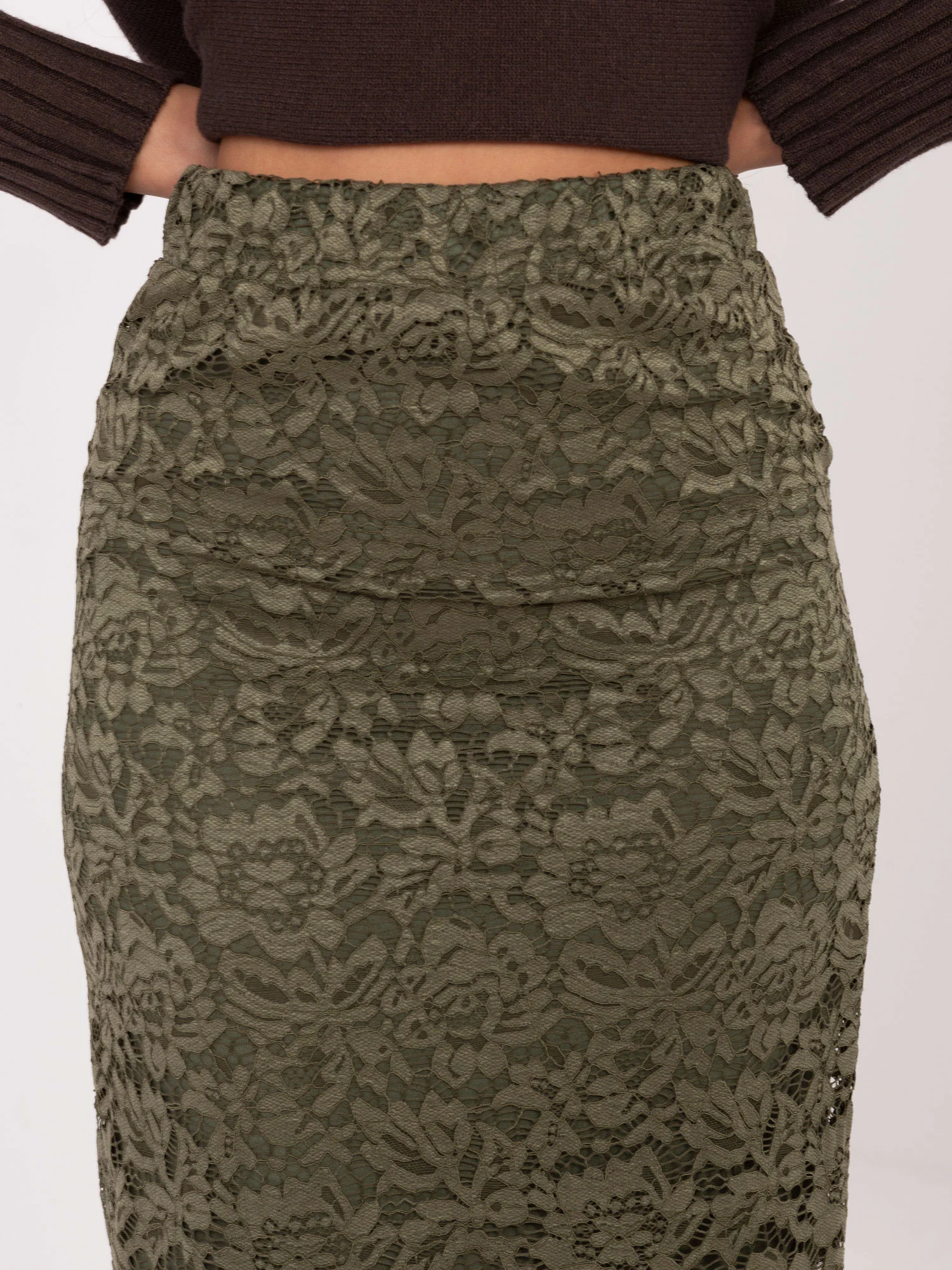 Fusta Dama Midi, Dantela, ITALY MODA, Khaki Eleganta Office - imagine 4