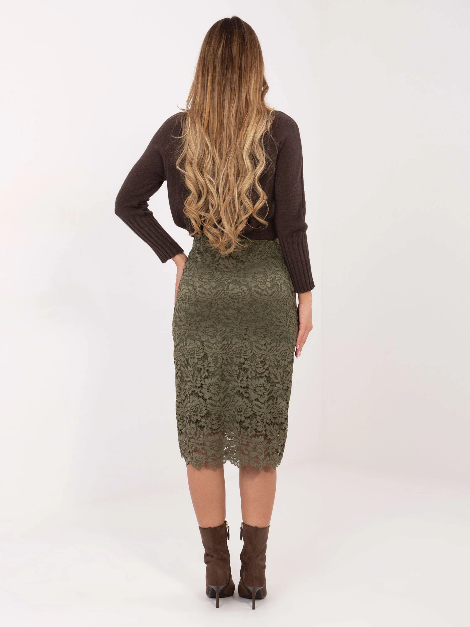 Fusta Dama Midi, Dantela, ITALY MODA, Khaki Eleganta Office - imagine 2