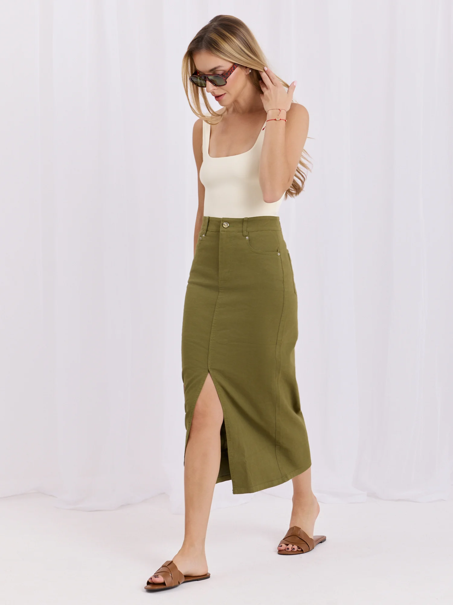 Fusta Dama Midi, Guler inalt, May, Khaki Casual - imagine 2