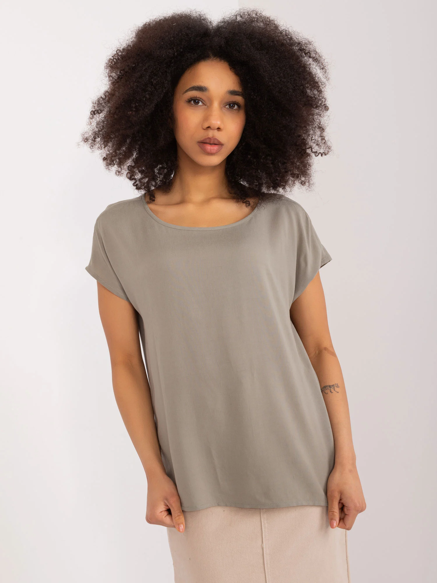 Bluza Dama Mini, Decolteu rotund, Sublevel, Khaki Eleganta Office Marimi Mari - imagine 3