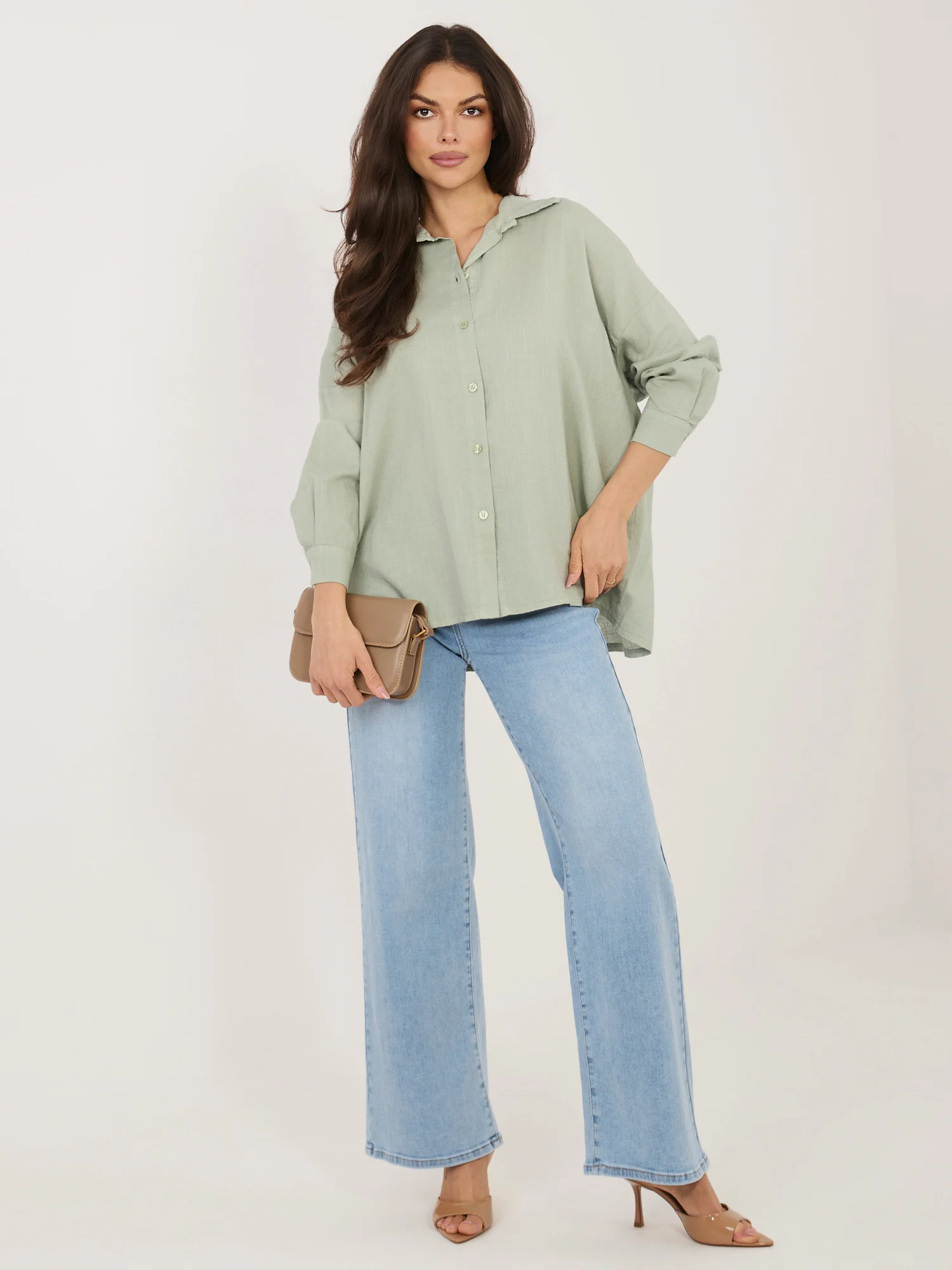 Camasa Dama Maneca lunga, Guler inalt, ITALY MODA, Khaki Eleganta Office - imagine 6