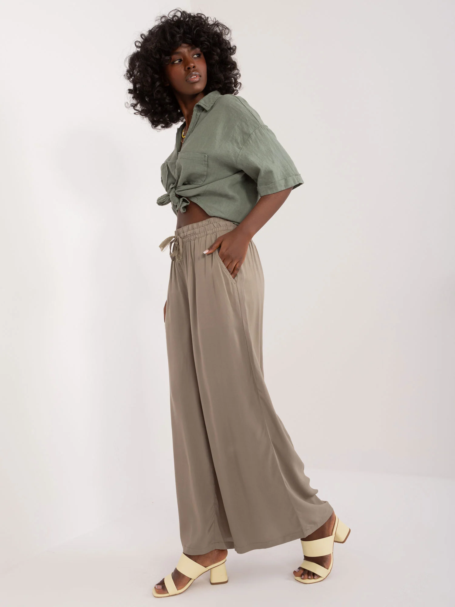 Pantaloni Dama Larga, Guler inalt, Sublevel, Khaki Casual Marimi Mari - imagine 4
