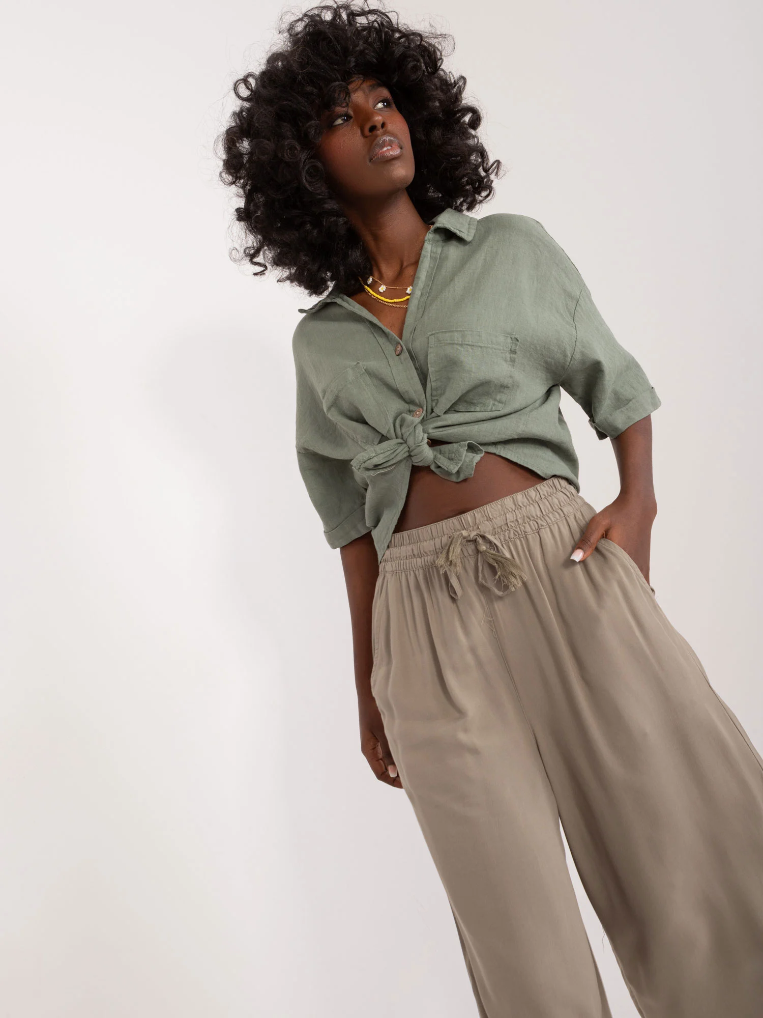 Pantaloni Dama Larga, Guler inalt, Sublevel, Khaki Casual Marimi Mari - imagine 5