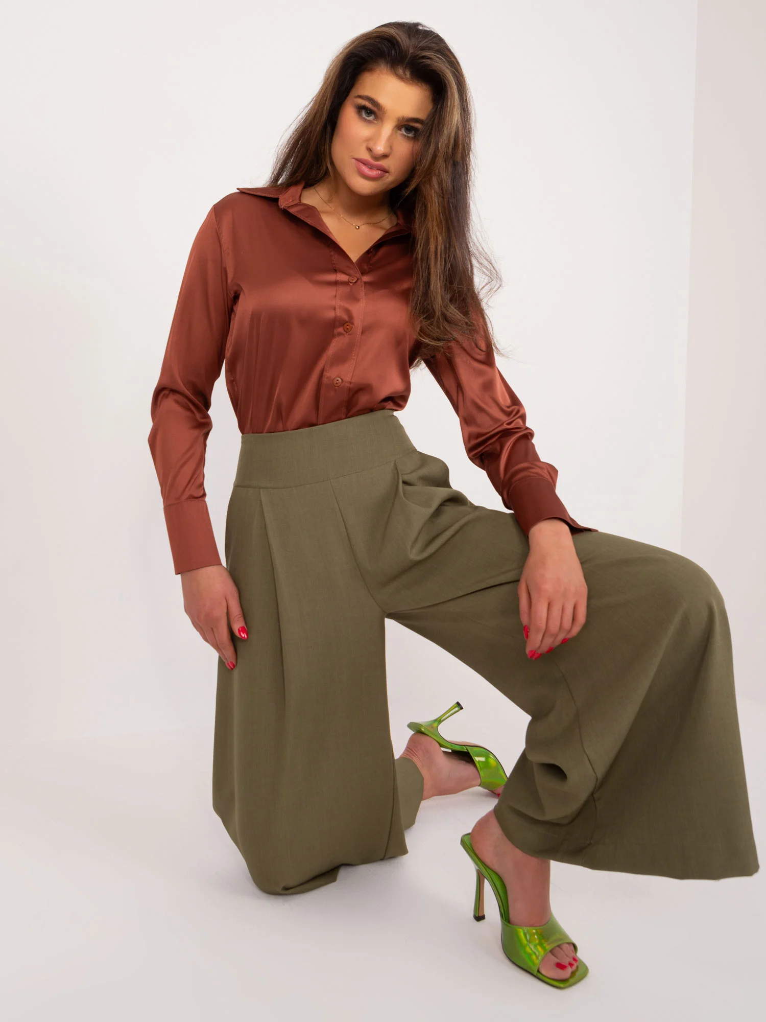 Pantaloni Dama Elegant, Guler inalt, ITALY MODA, Khaki de Petrecere - Image 5