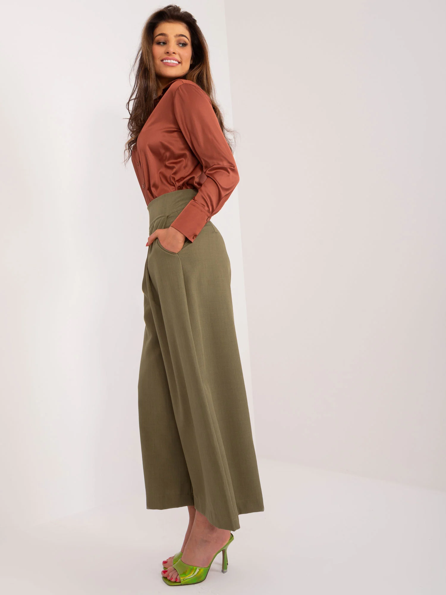 Pantaloni Dama Elegant, Guler inalt, ITALY MODA, Khaki de Petrecere - Image 2