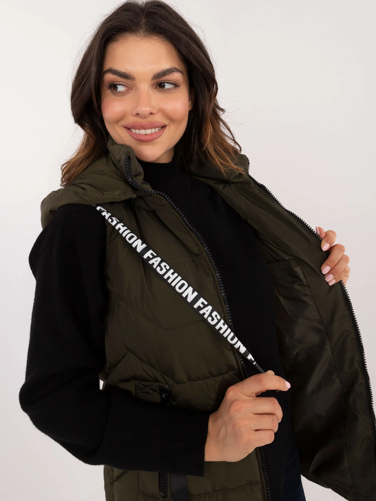 Vesta Dama Fara maneci, Guler inalt, Khaki Eleganta Office Marimi Mari - imagine 4