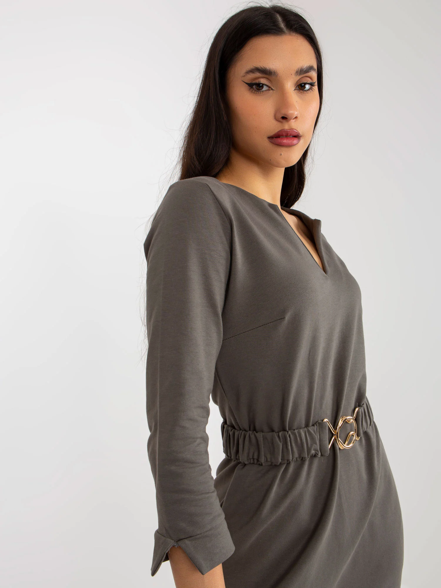 Rochie Dama Mini, Decolteu in V, Och Bella, Khaki Eleganta Office - imagine 3